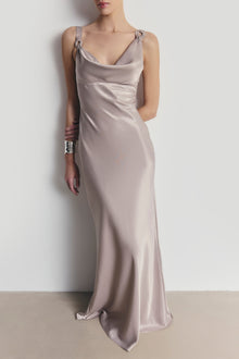High Gloss Satin Cowl Neck Gown - Pebble