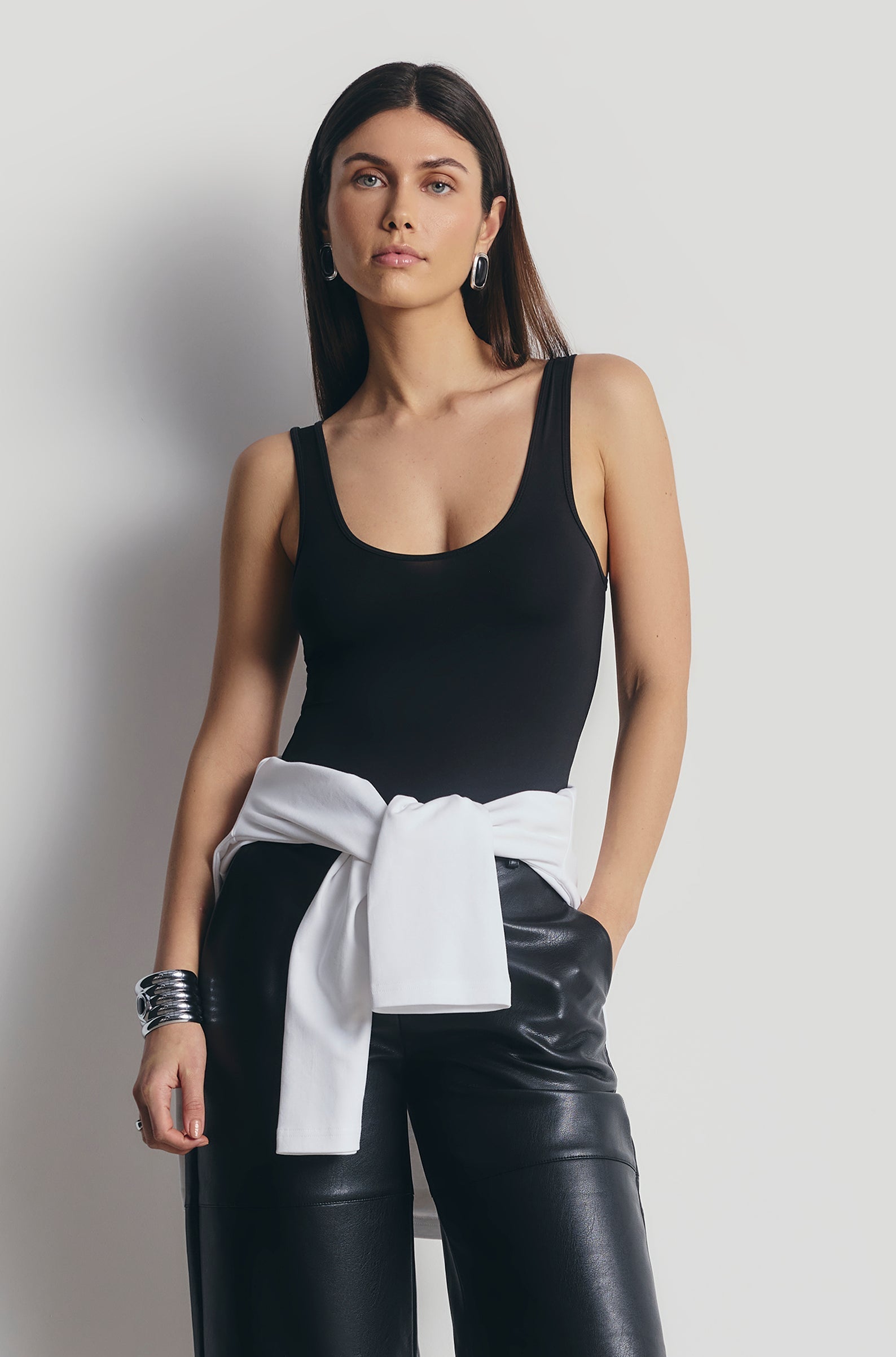 Semi Sheer Scoop Neck Bodysuit - Black