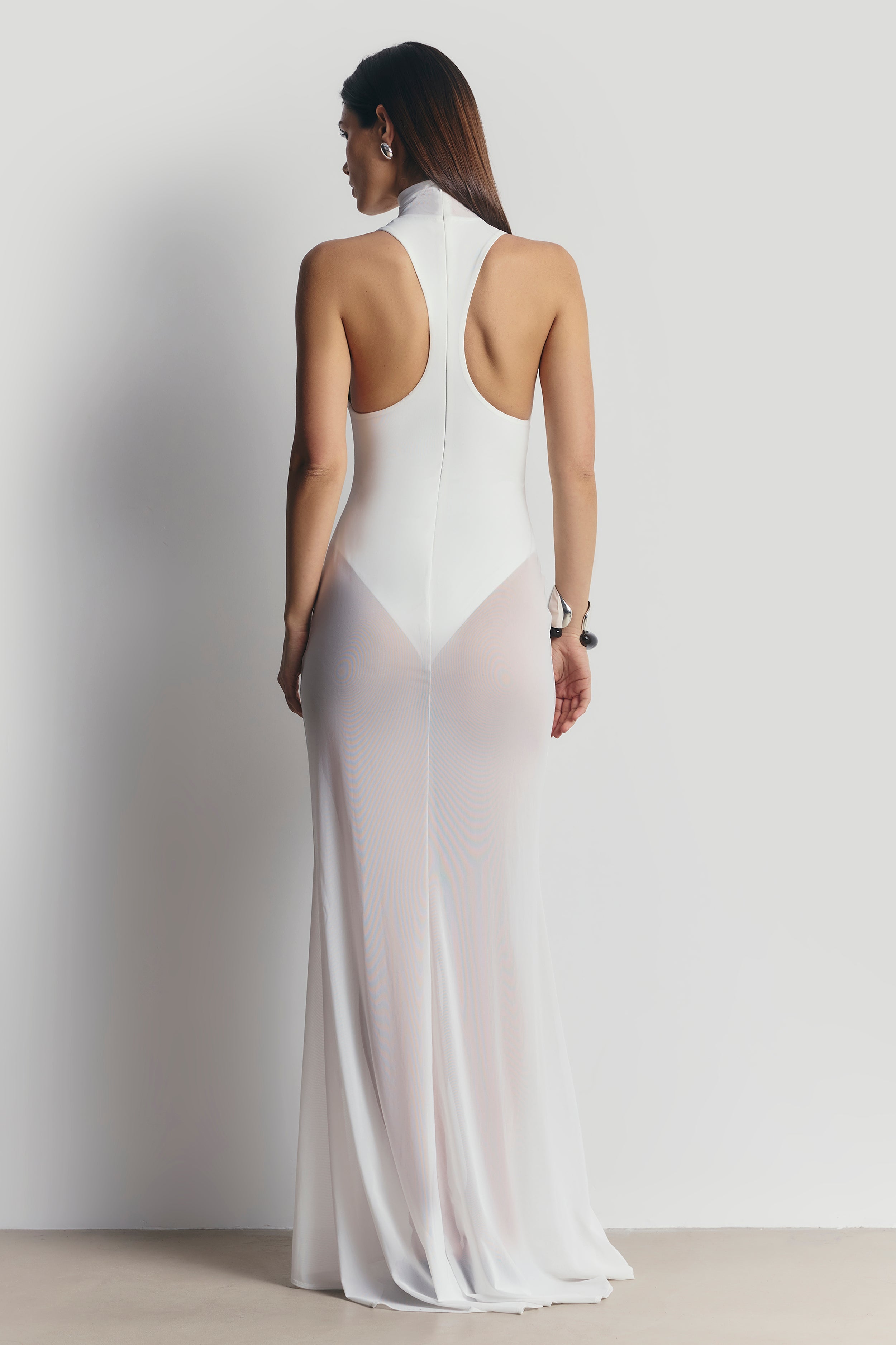 Sheer High Neck Racerback Gown - White