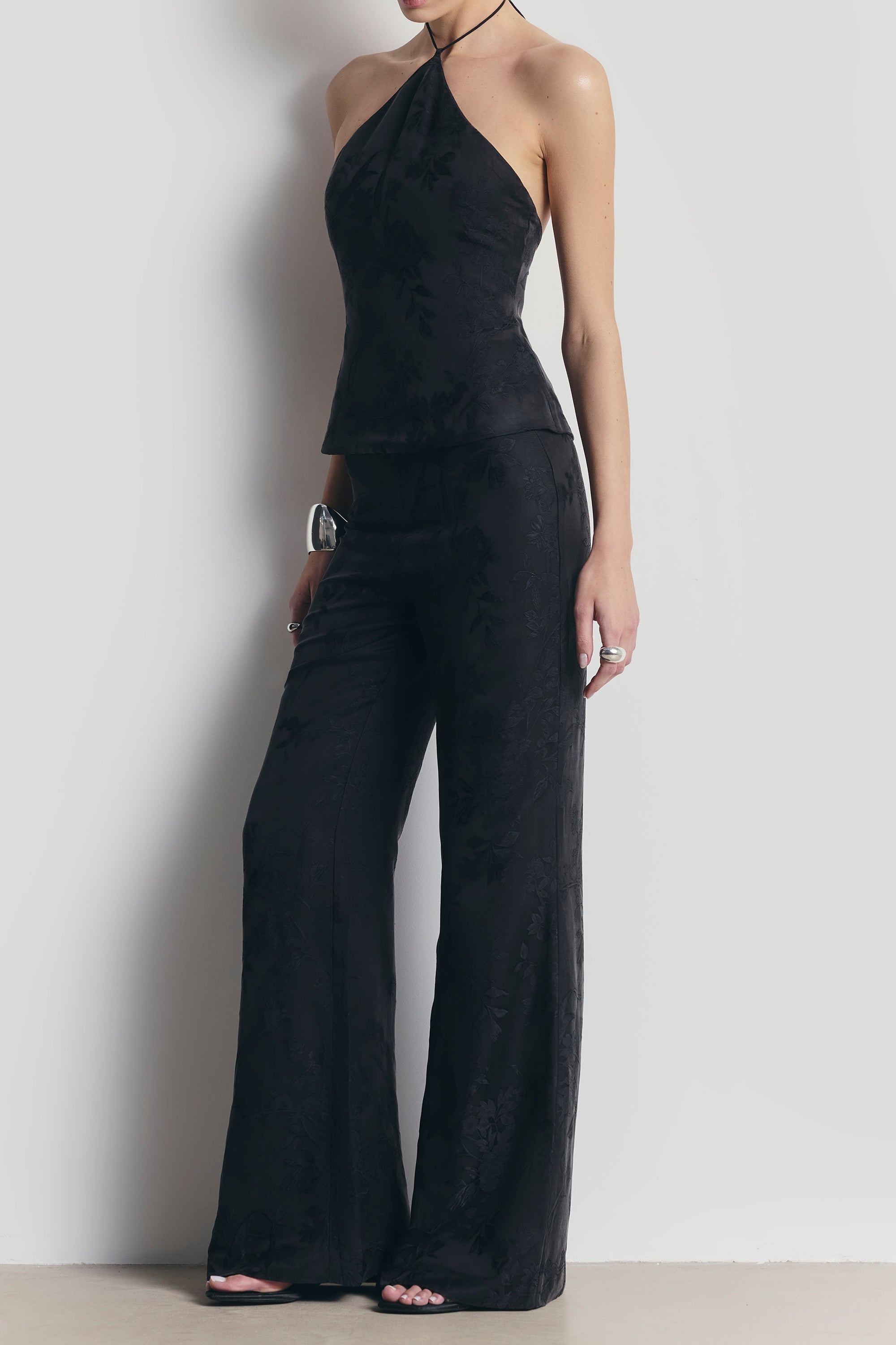 Cupro Jacquard Tailored Wide Leg Trousers - Charcoal