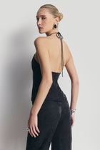 Cupro Jacquard Tailored Halterneck Top - Charcoal