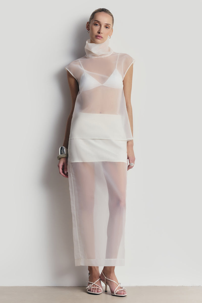Sheer Organza Column Midi Skirt - Cream