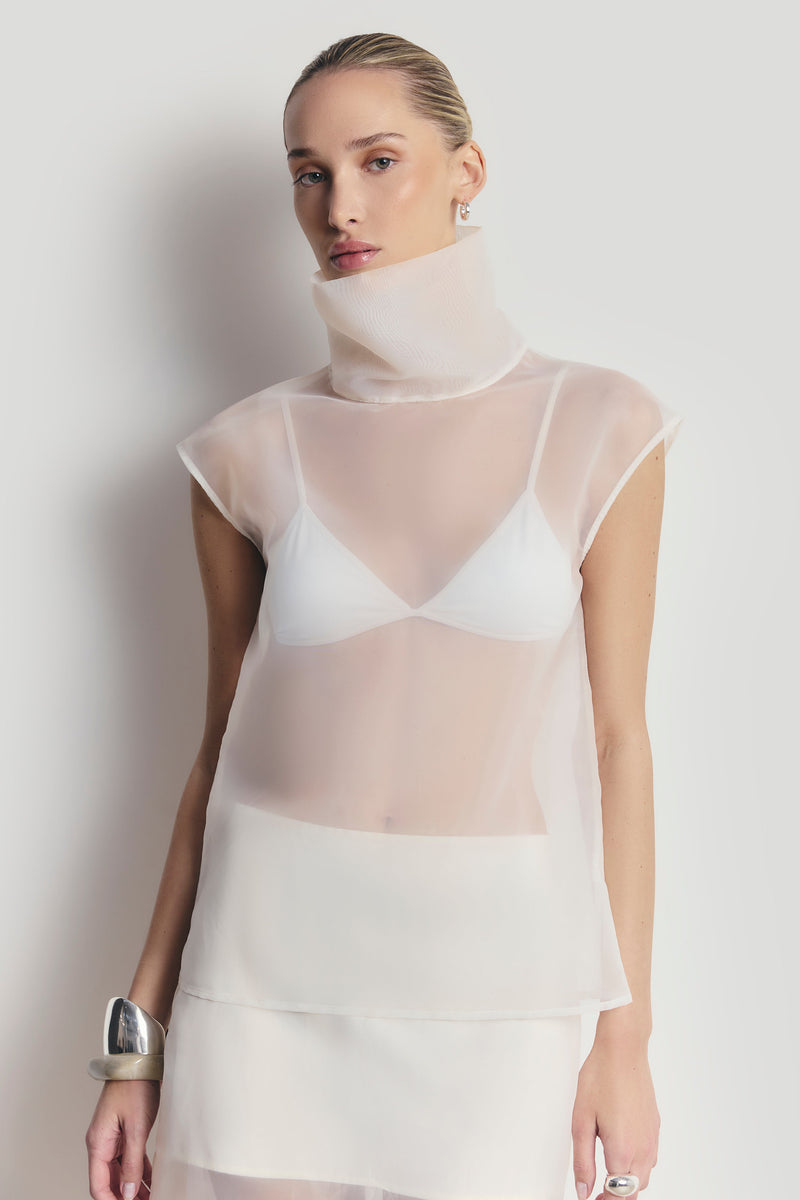 Sheer Organza Funnel Neck Blouse - Cream