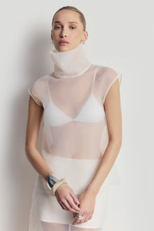 Sheer Organza Funnel Neck Blouse - Cream
