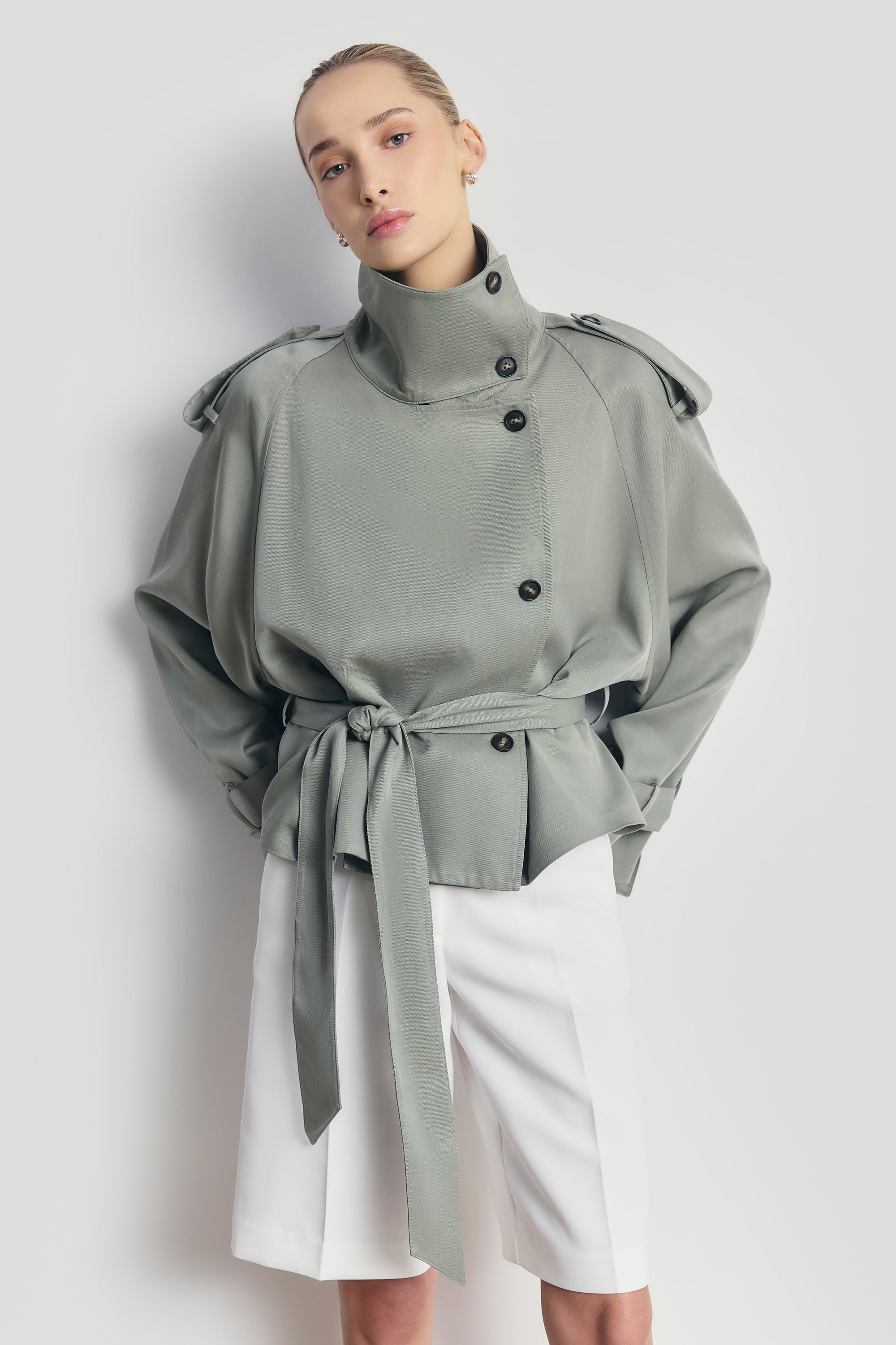 Cropped Funnel Neck Trench - Antique Sage