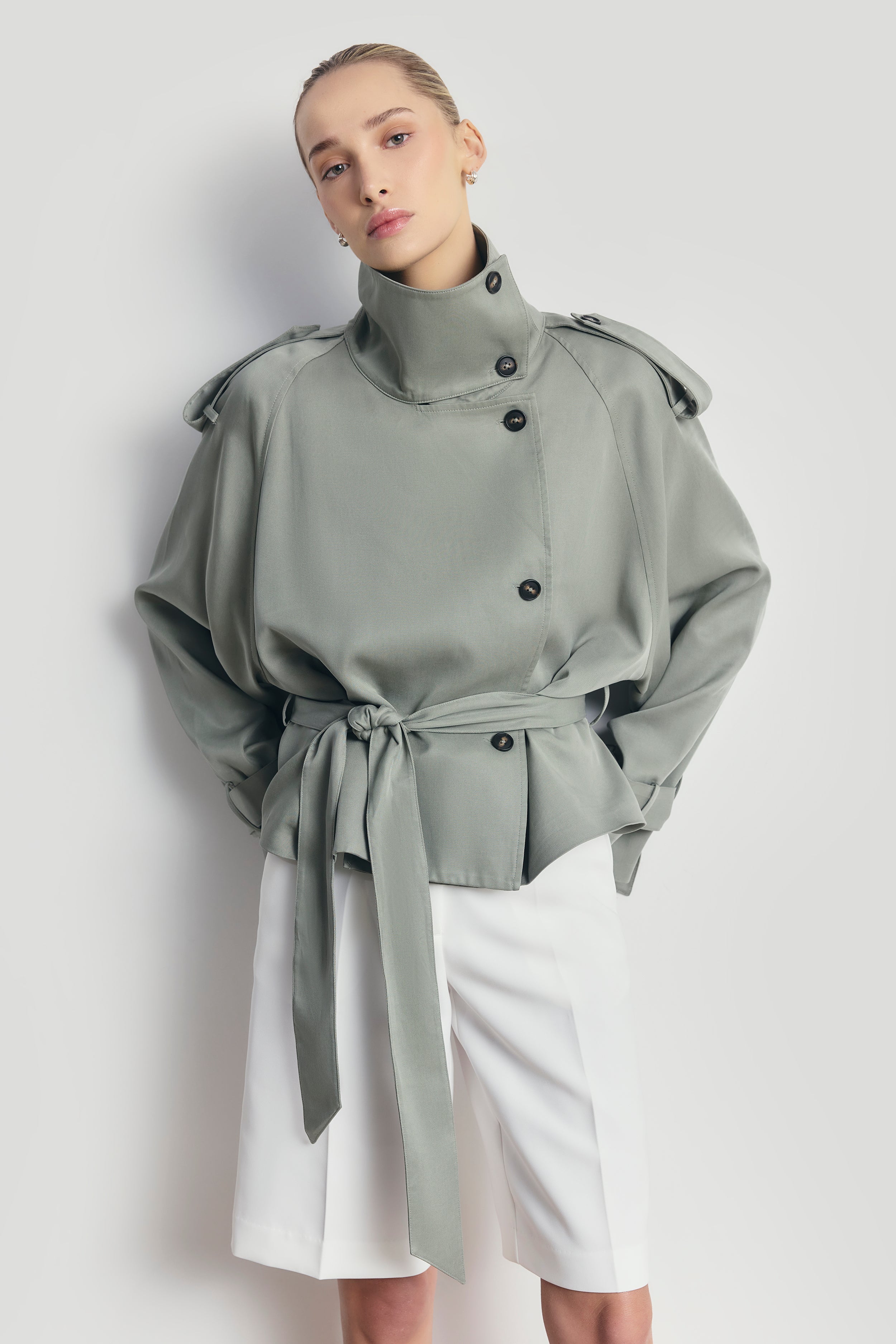 Cropped Funnel Neck Trench - Antique Sage