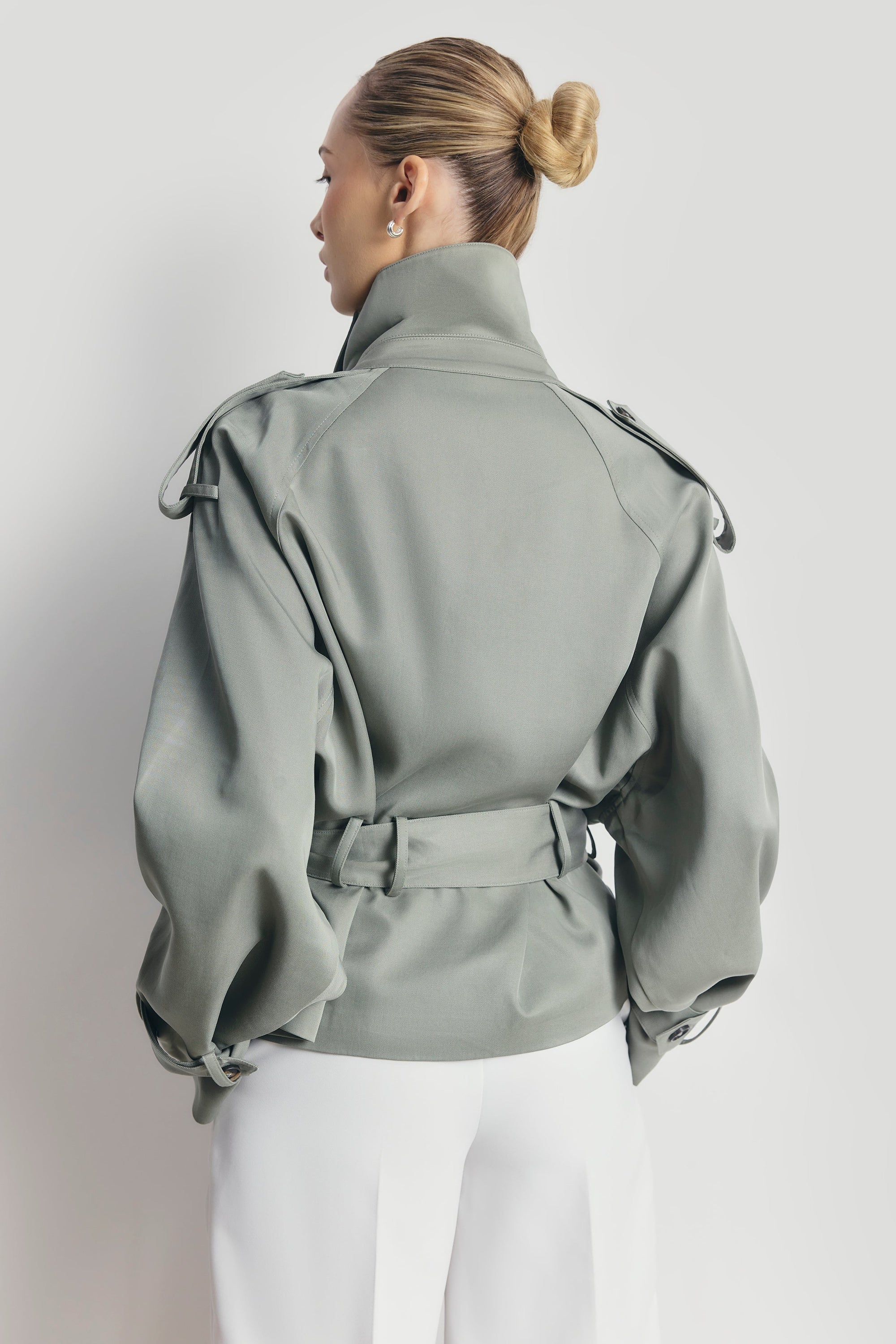 Cropped Funnel Neck Trench - Antique Sage