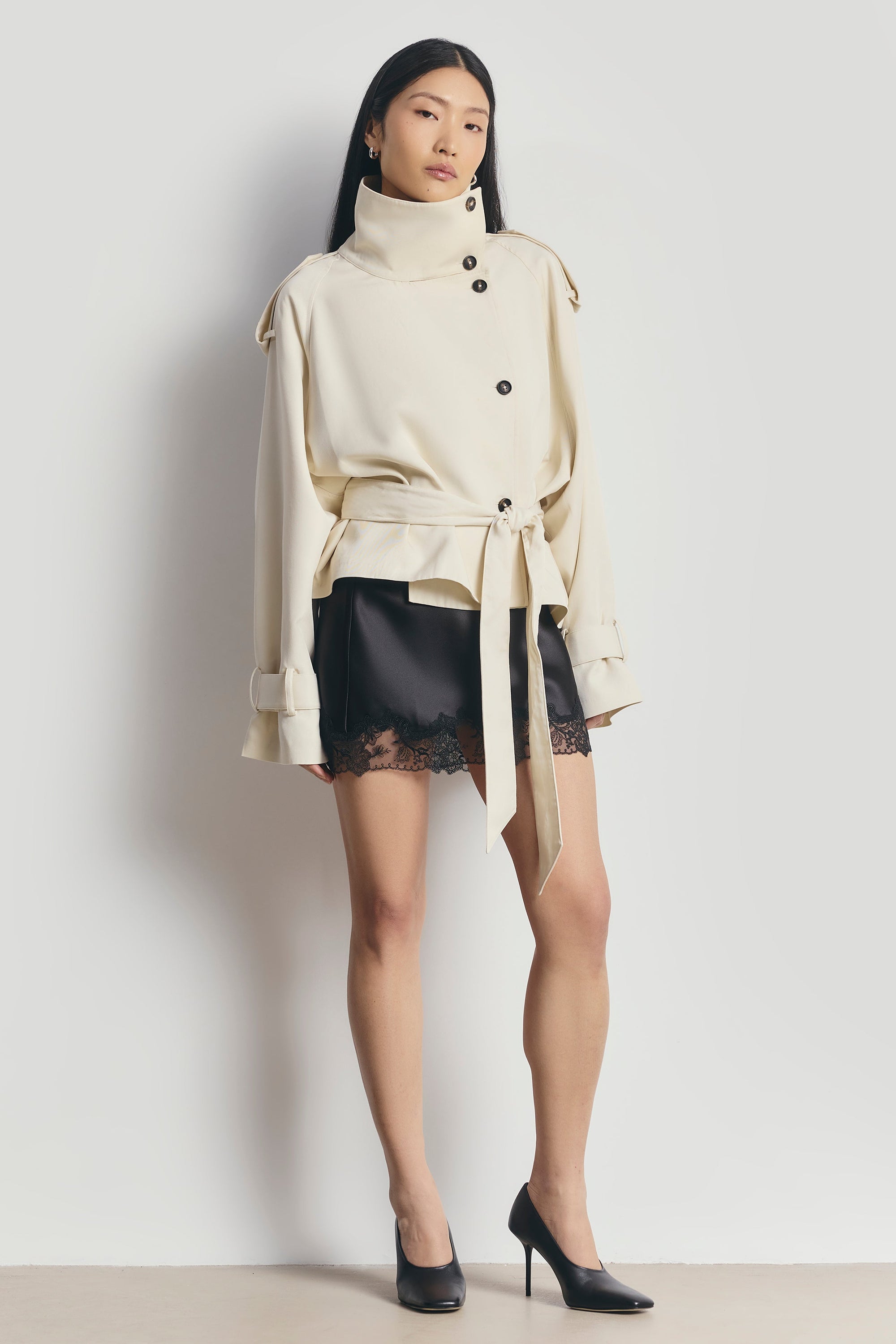 Cropped Funnel Neck Trench - Ecru