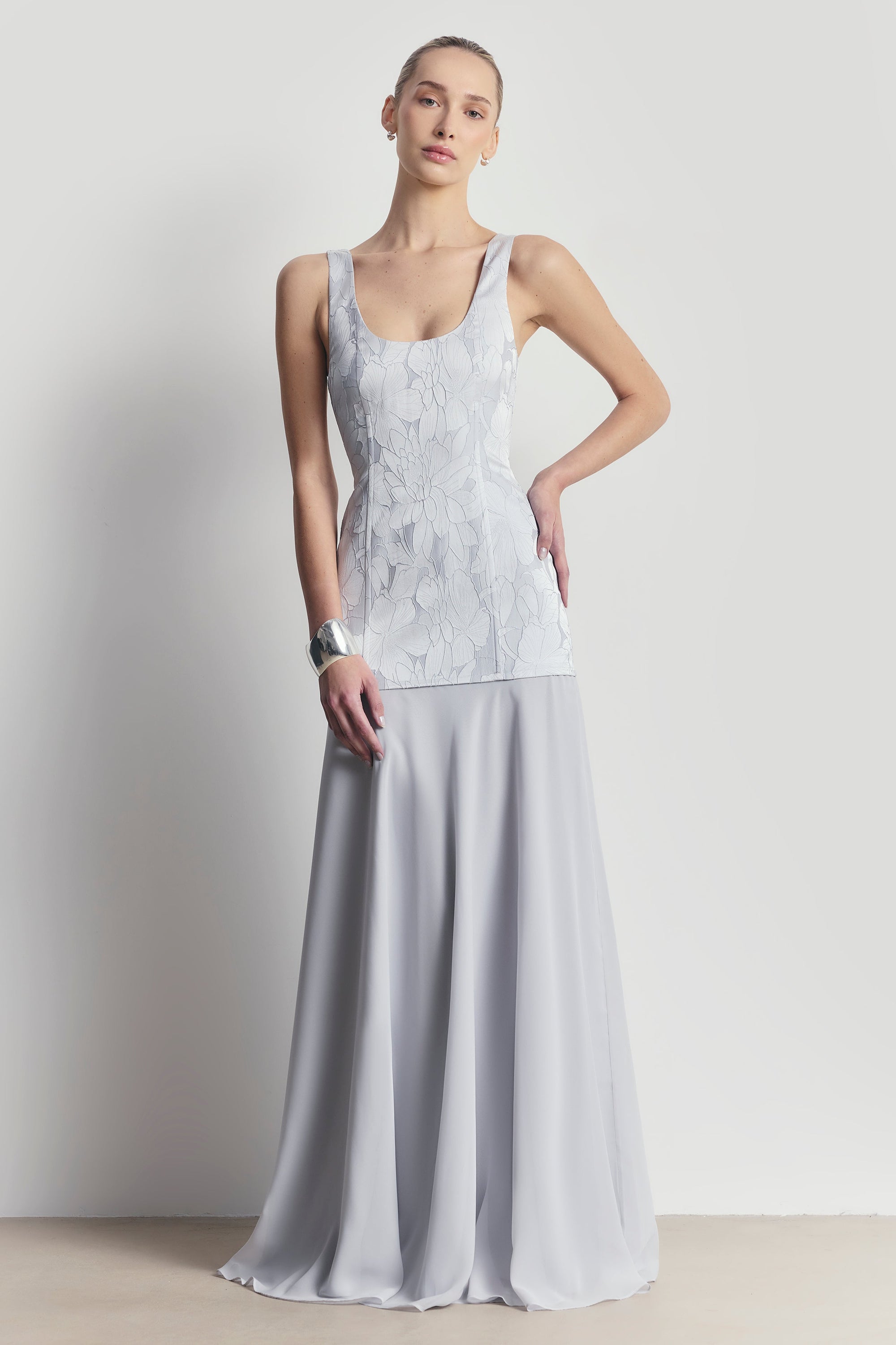 Jacquard Corset Gown with Chiffon Skirt - Frost