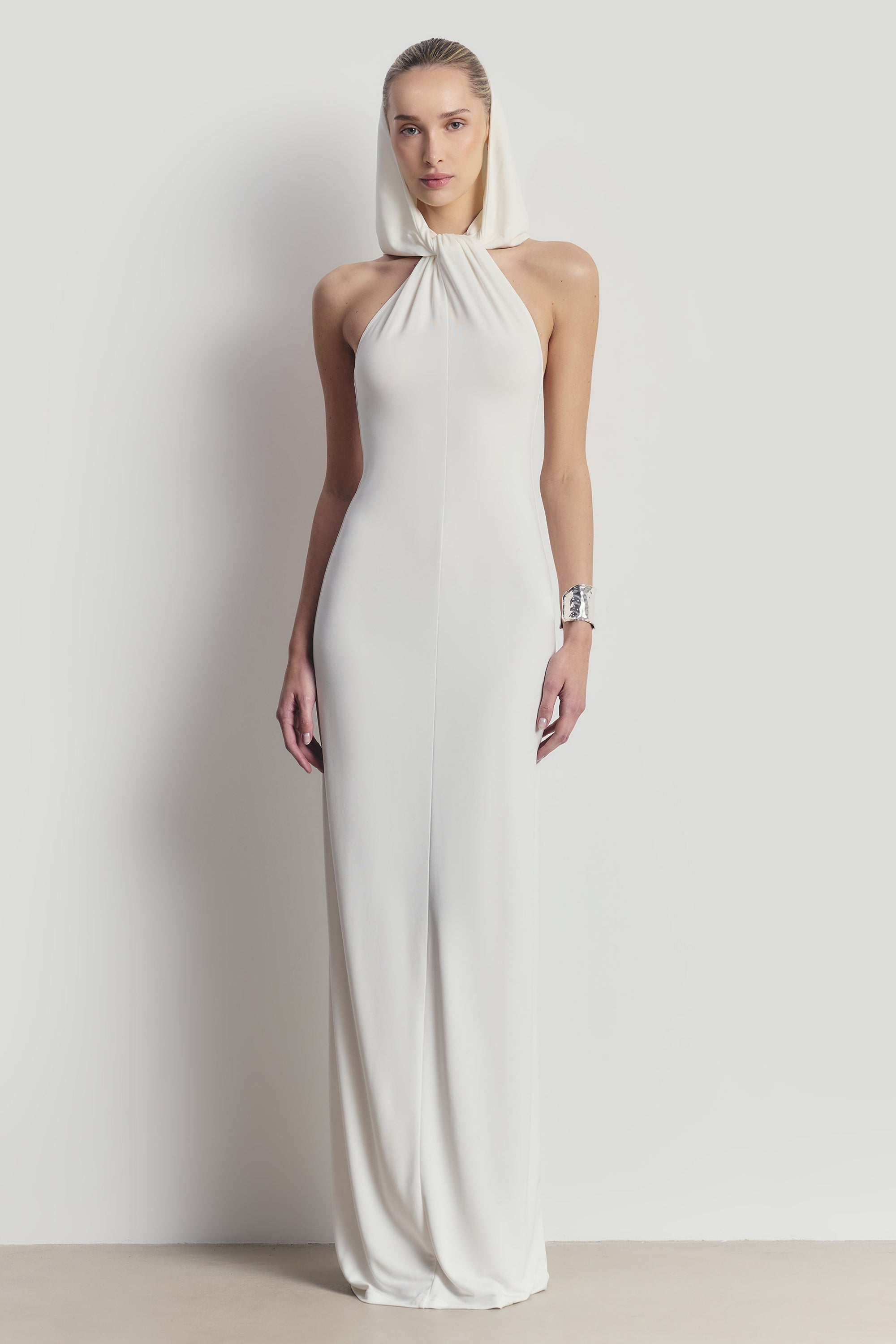 Hooded Halterneck Maxi Dress - White