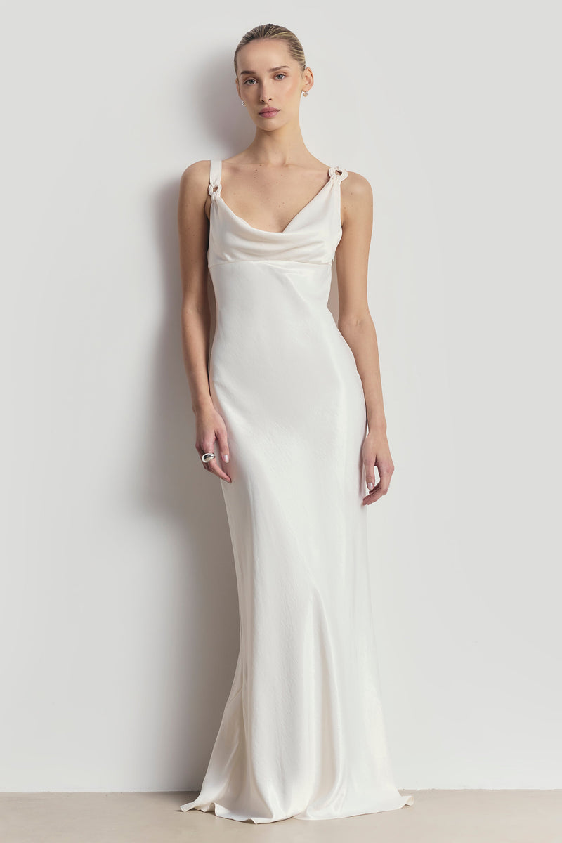 High Gloss Satin Cowl Neck Gown - Cream