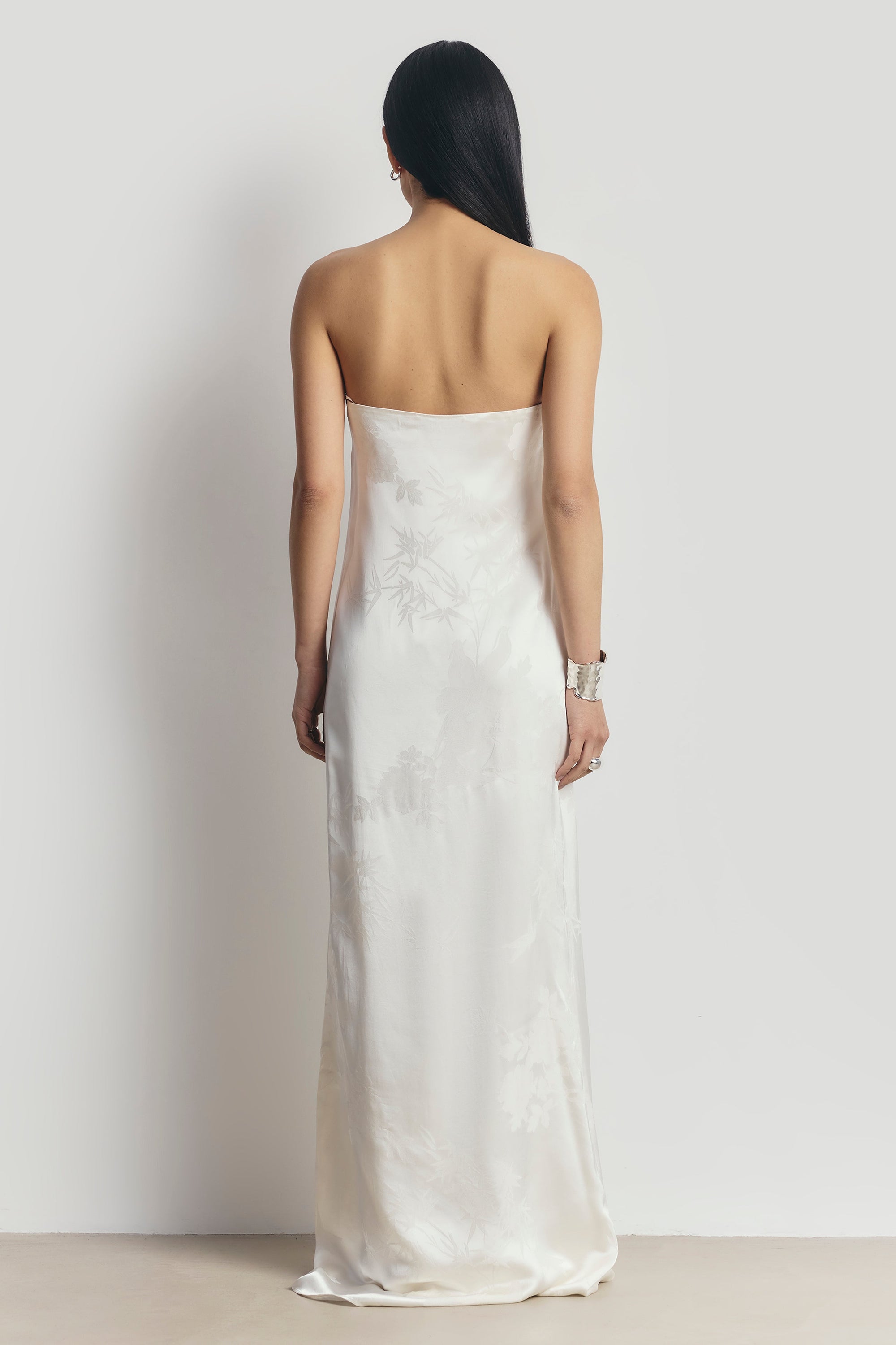 Satin Jacquard Strapless Maxi Dress - Cream