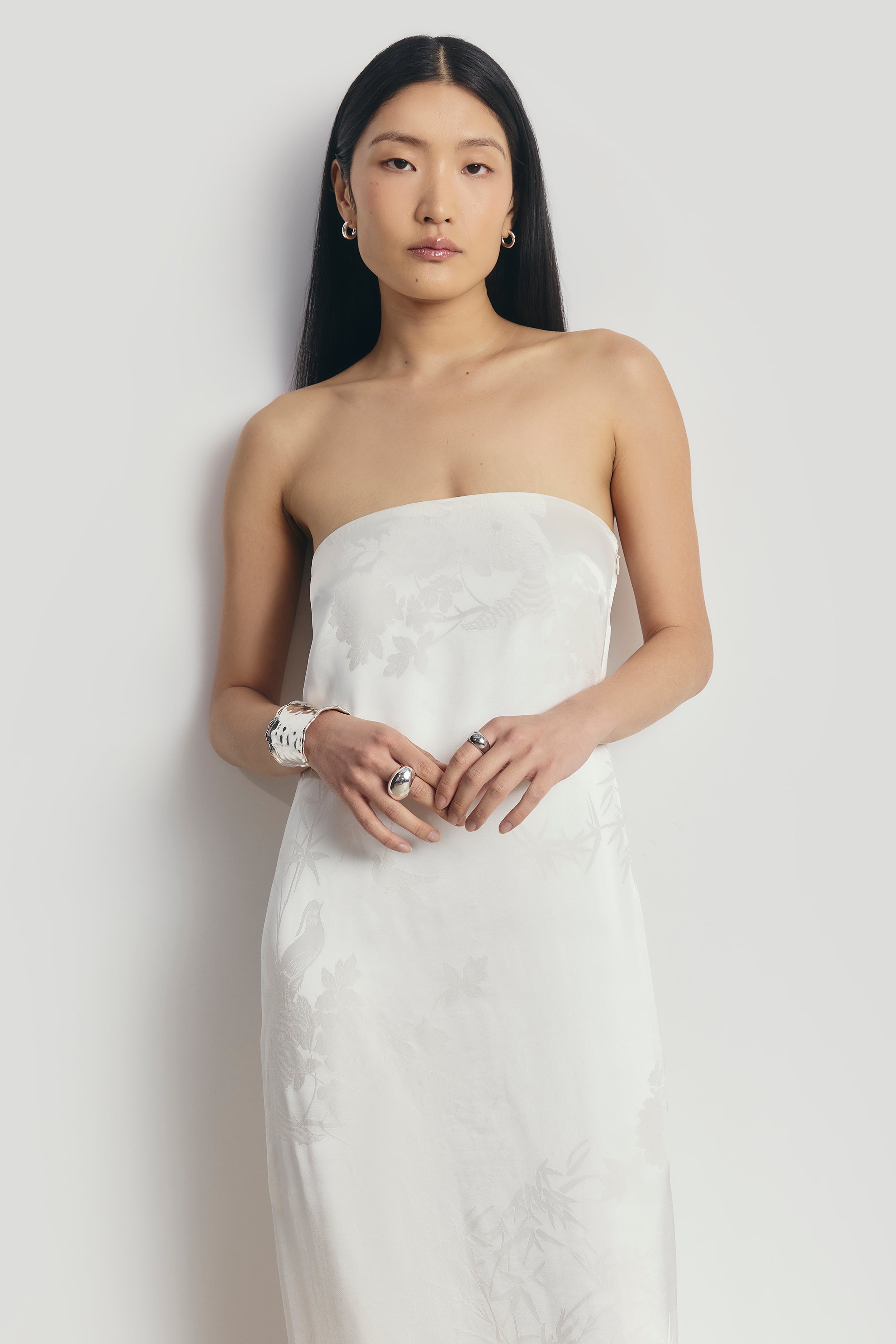 Satin Jacquard Strapless Maxi Dress - Cream