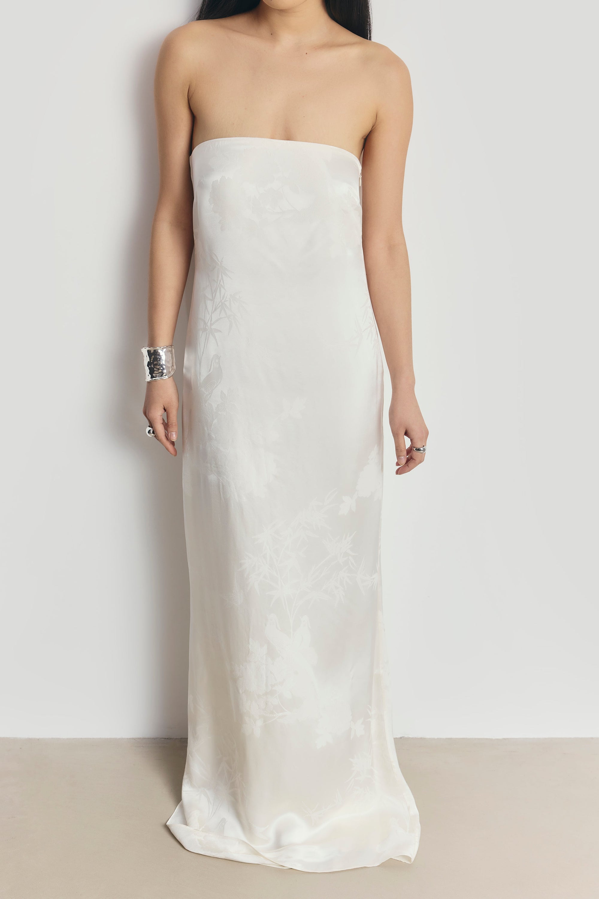 Satin Jacquard Strapless Maxi Dress - Cream