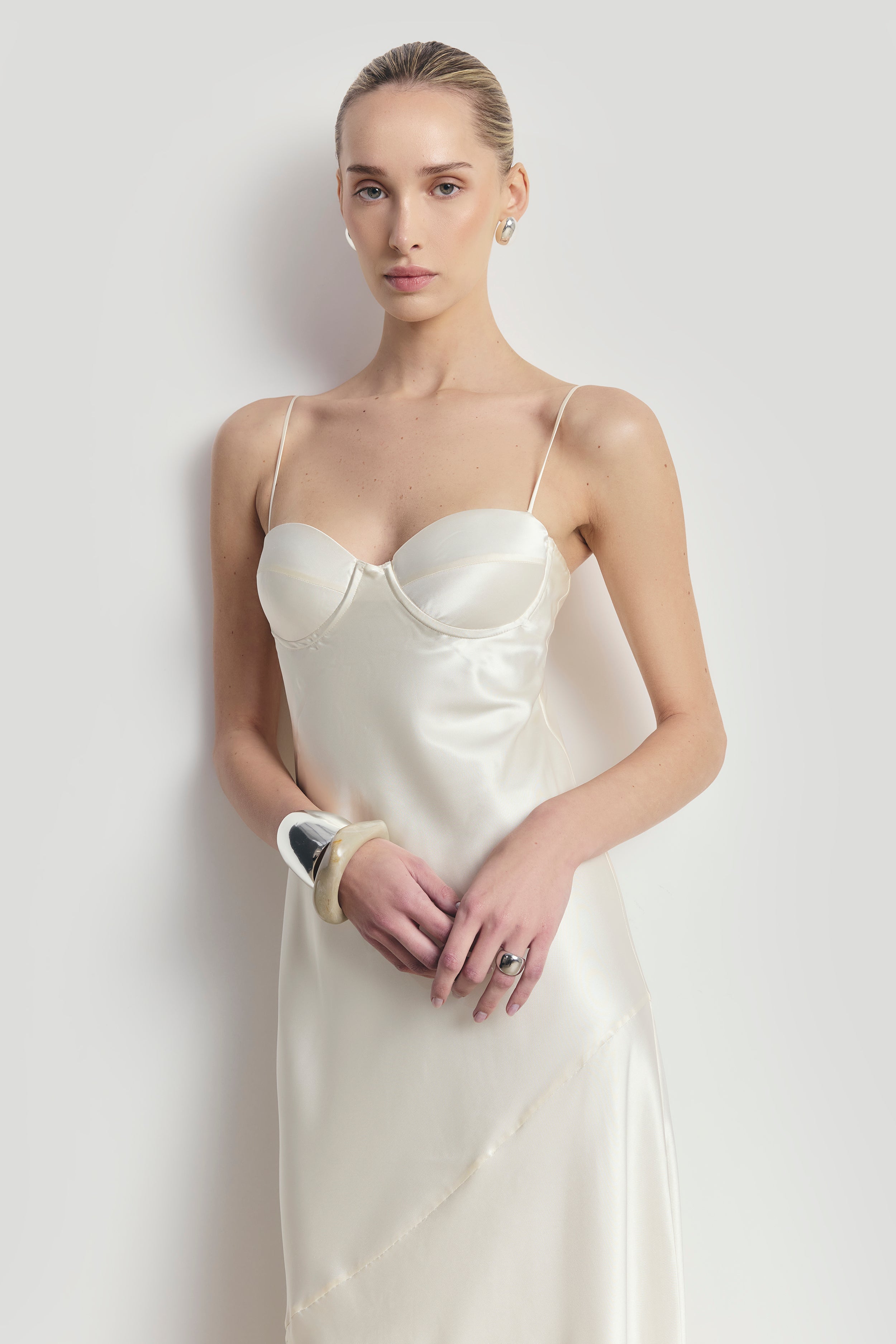 Satin Cup Detail Slip Dress - Cream