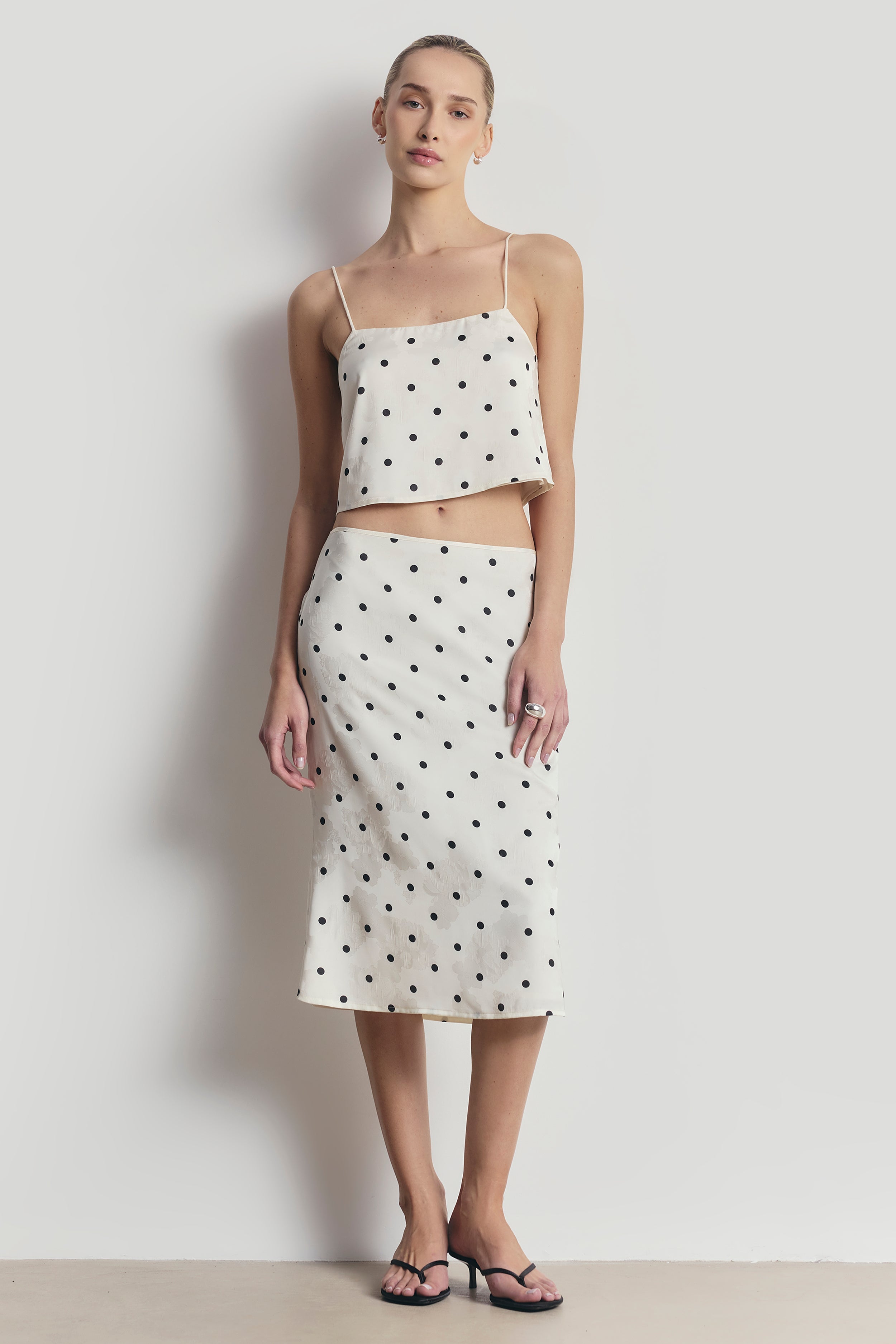 Satin Jacquard Polka Dot Midi Skirt - Cream Polka Dot