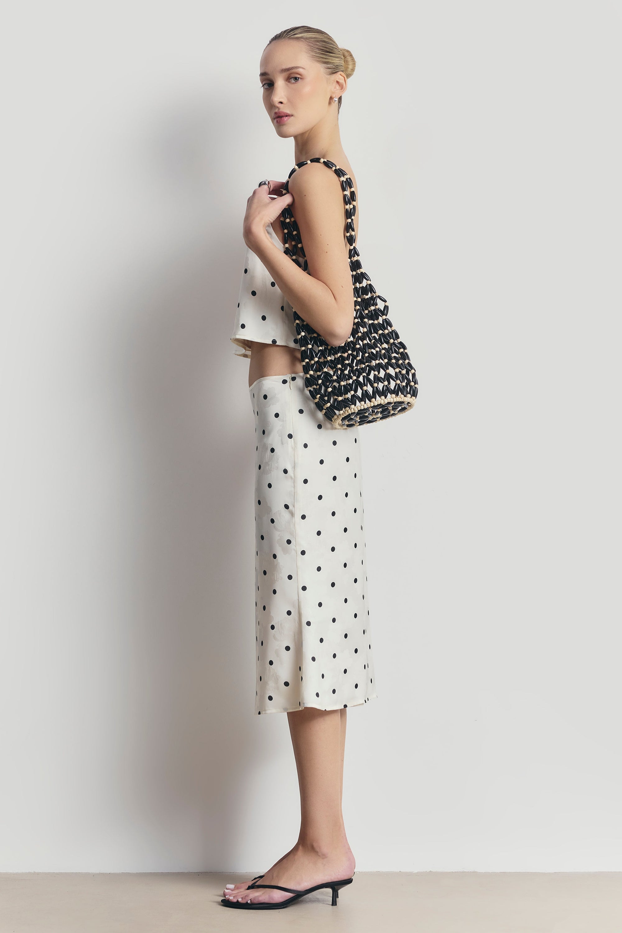 Satin Jacquard Polka Dot Midi Skirt - Cream Polka Dot