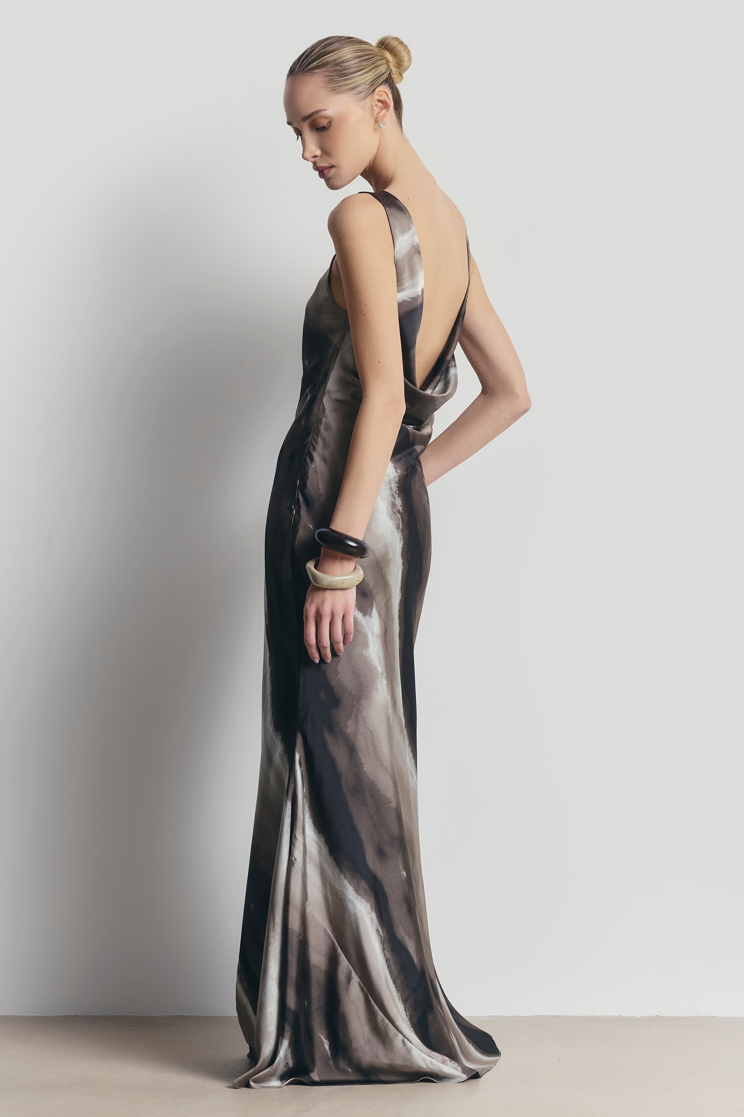 Satin Backless Cowl Maxi Dress - Sage Marble