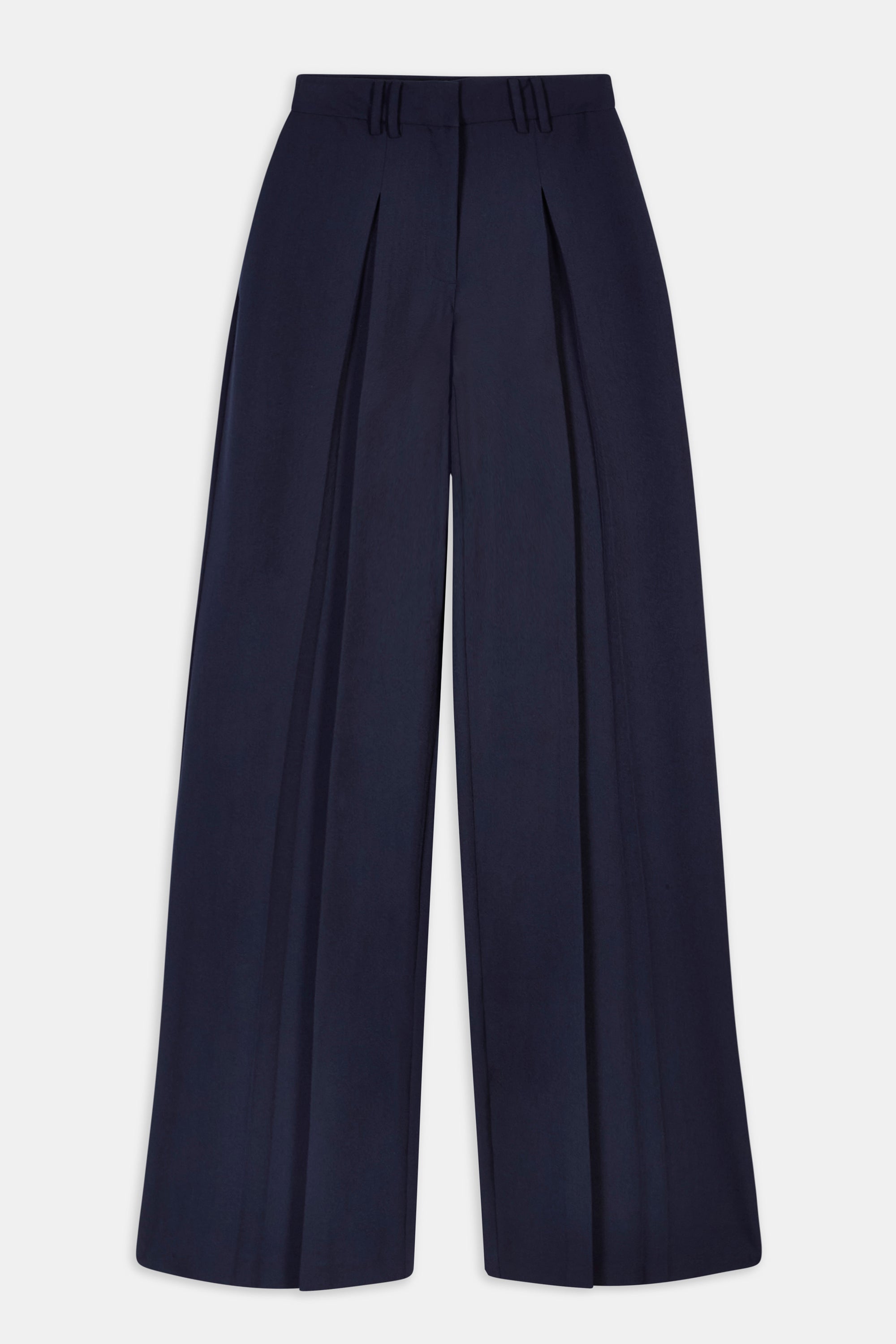 Box Pleat Tailored Wide Leg Trousers -  Navy