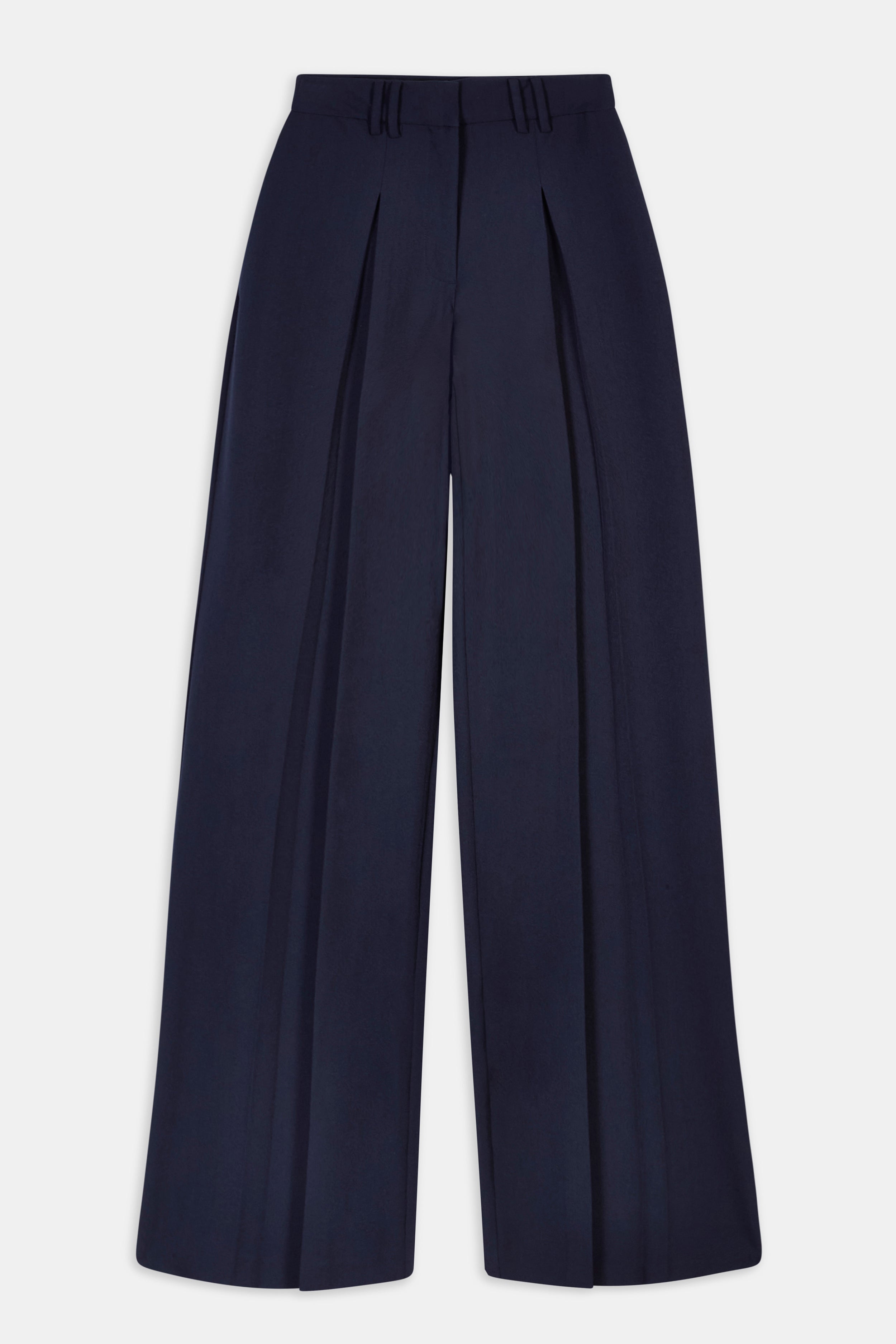 Box Pleat Tailored Wide Leg Trousers -  Navy