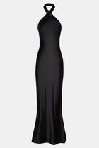 Satin Cross Strap Halter Gown - Black