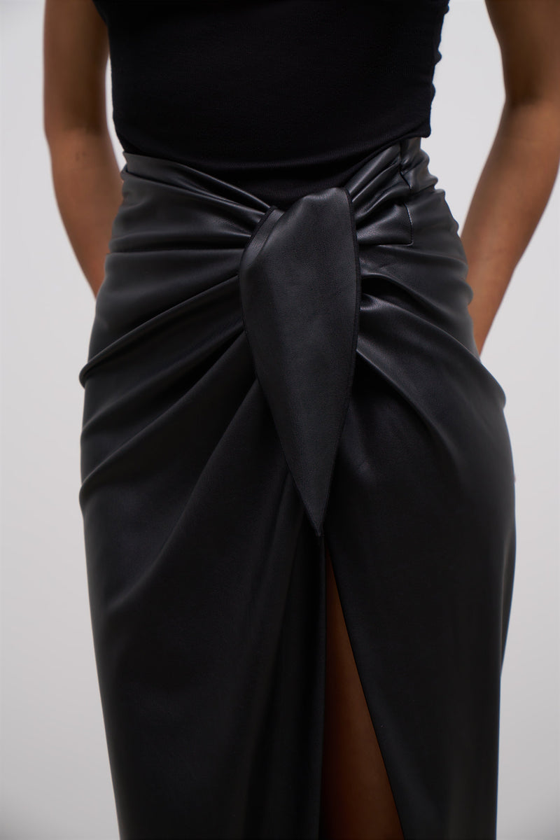 Leather Wrap Midi Skirt - Black