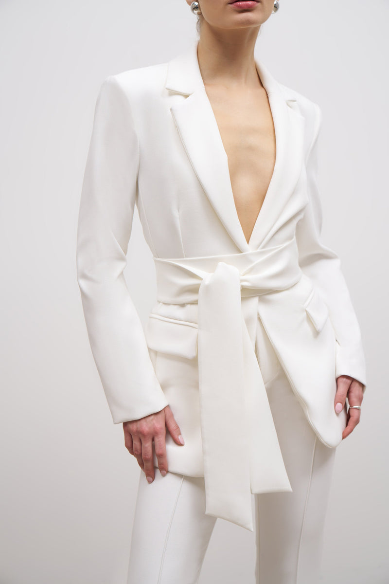 Classic Blazer With Belt - White