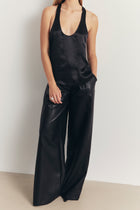 Crushed Satin Plunge U Neck Tank Top - Black