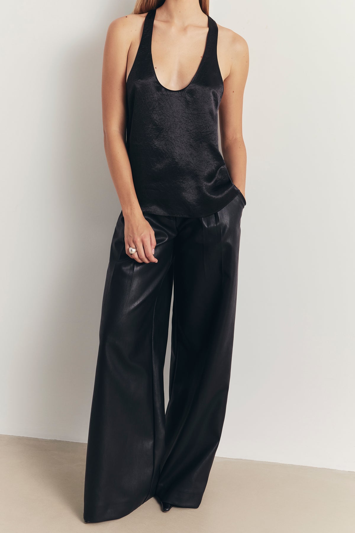 Crushed Satin Plunge U Neck Tank Top - Black
