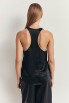 Crushed Satin Plunge U Neck Tank Top - Black