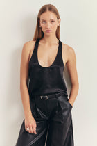 Crushed Satin Plunge U Neck Tank Top - Black