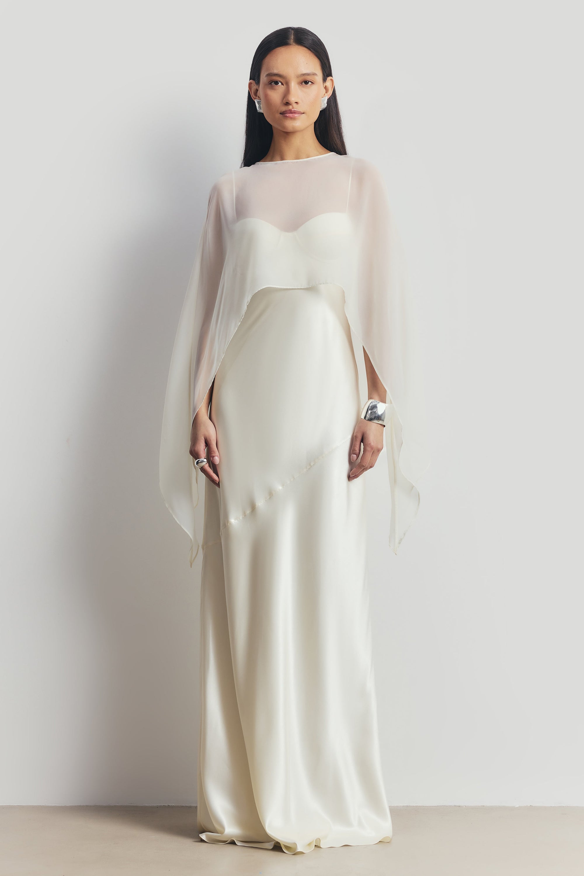 Sheer Chiffon Curved Hem Cape - Cream
