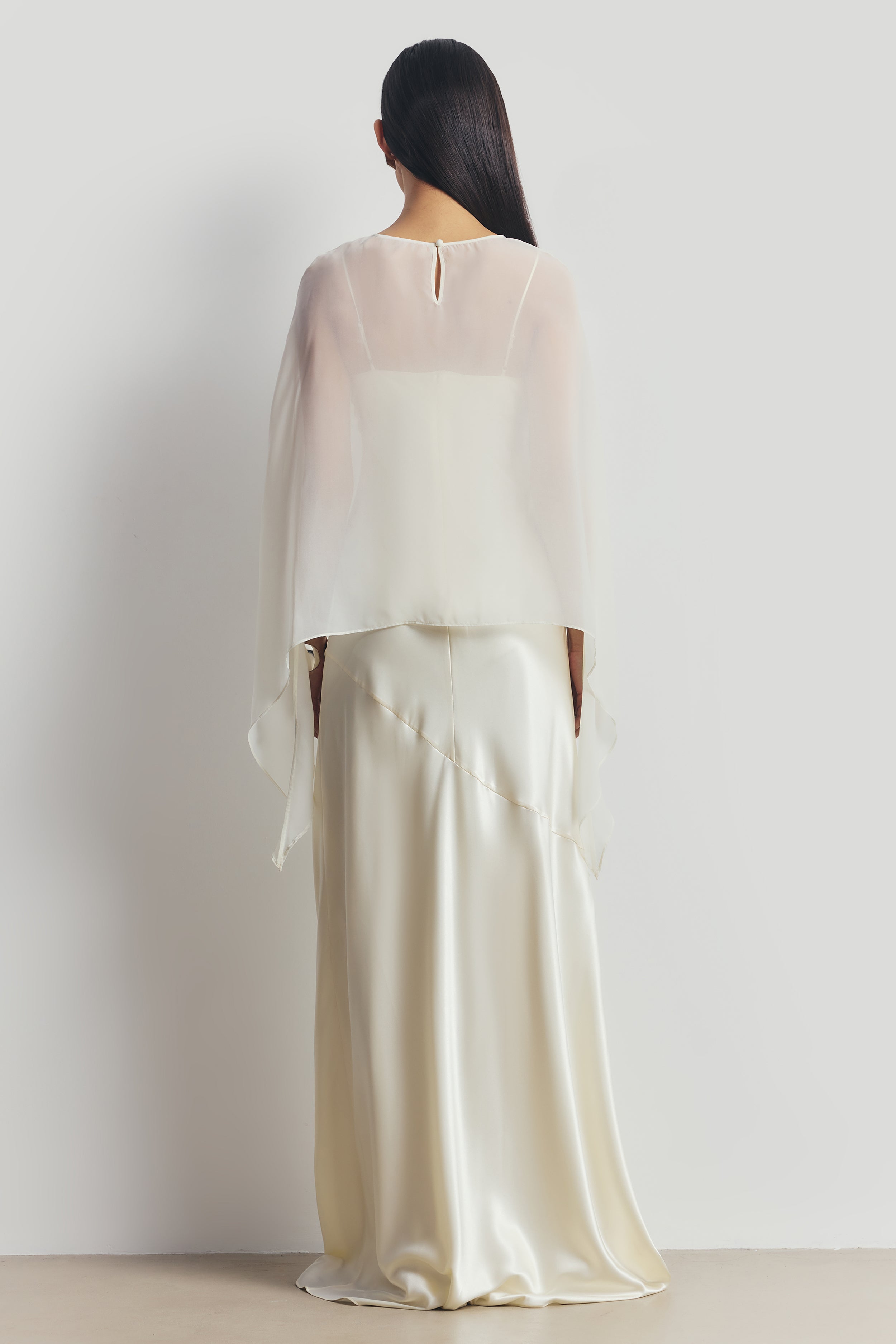 Sheer Chiffon Curved Hem Cape - Cream