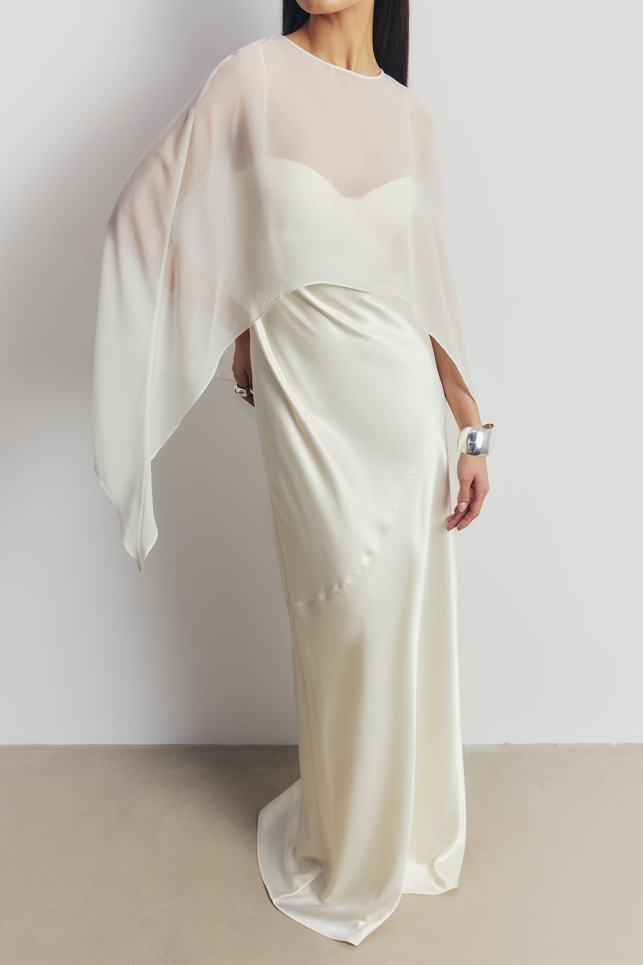 Sheer Chiffon Curved Hem Cape - Cream