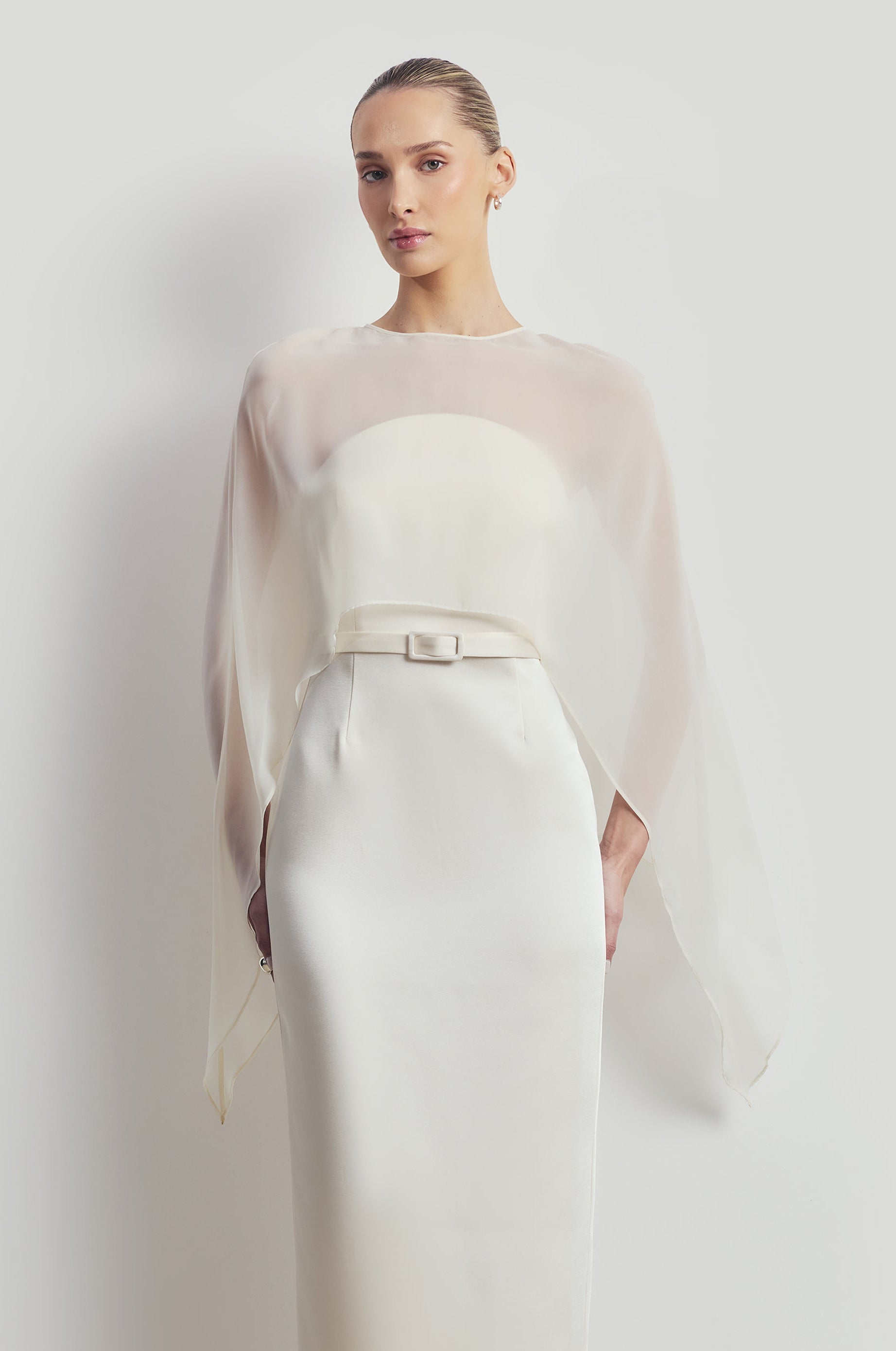 Sheer Chiffon Curved Hem Cape - Cream