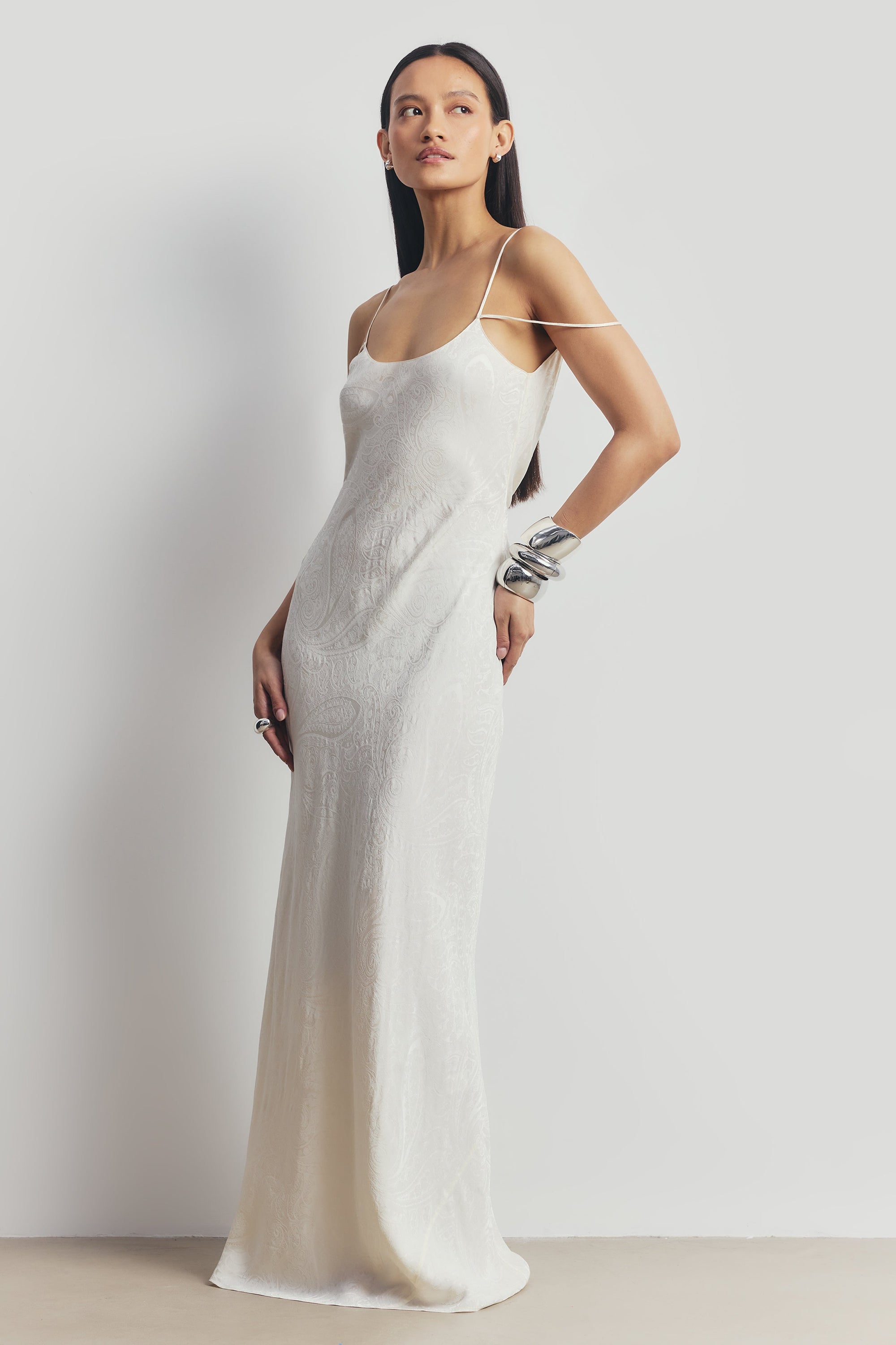 Satin Jacquard Cowl Back Camisole Maxi Dress - Cream