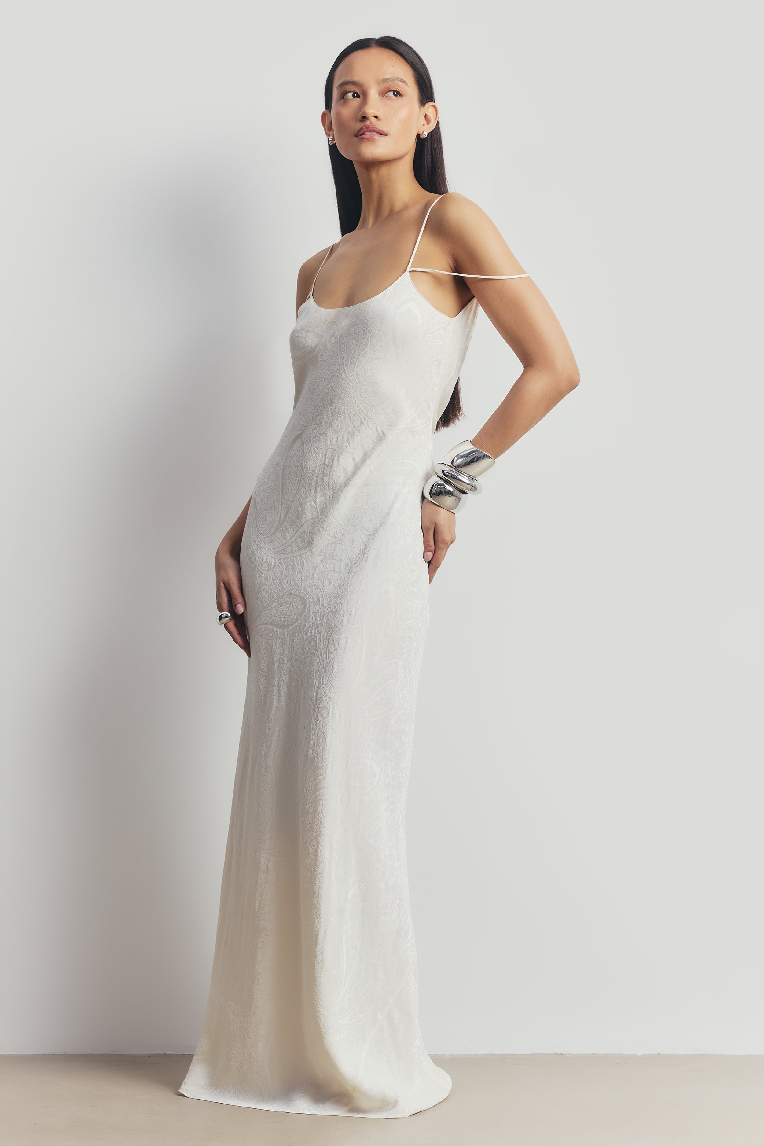 Satin Jacquard Cowl Back Camisole Maxi Dress - Cream