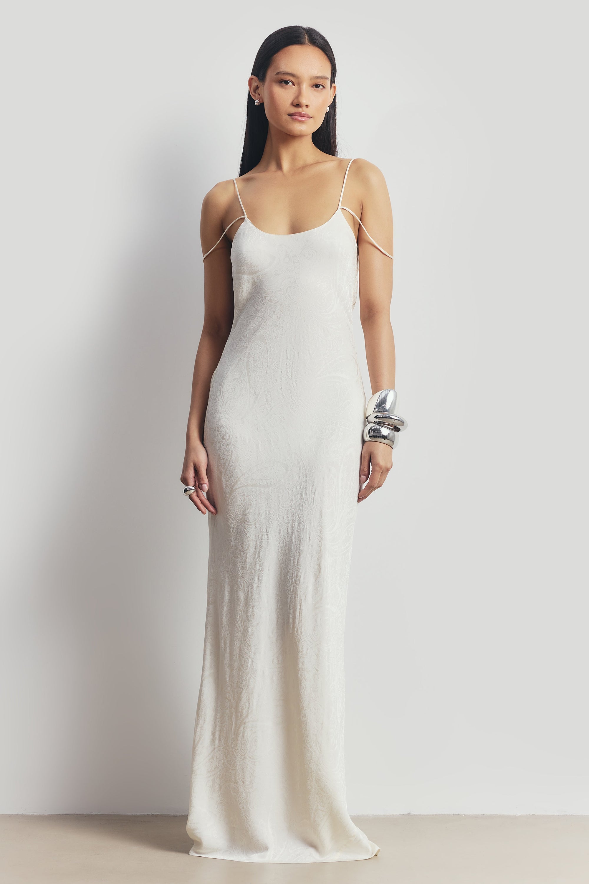 Satin Jacquard Cowl Back Camisole Maxi Dress - Cream