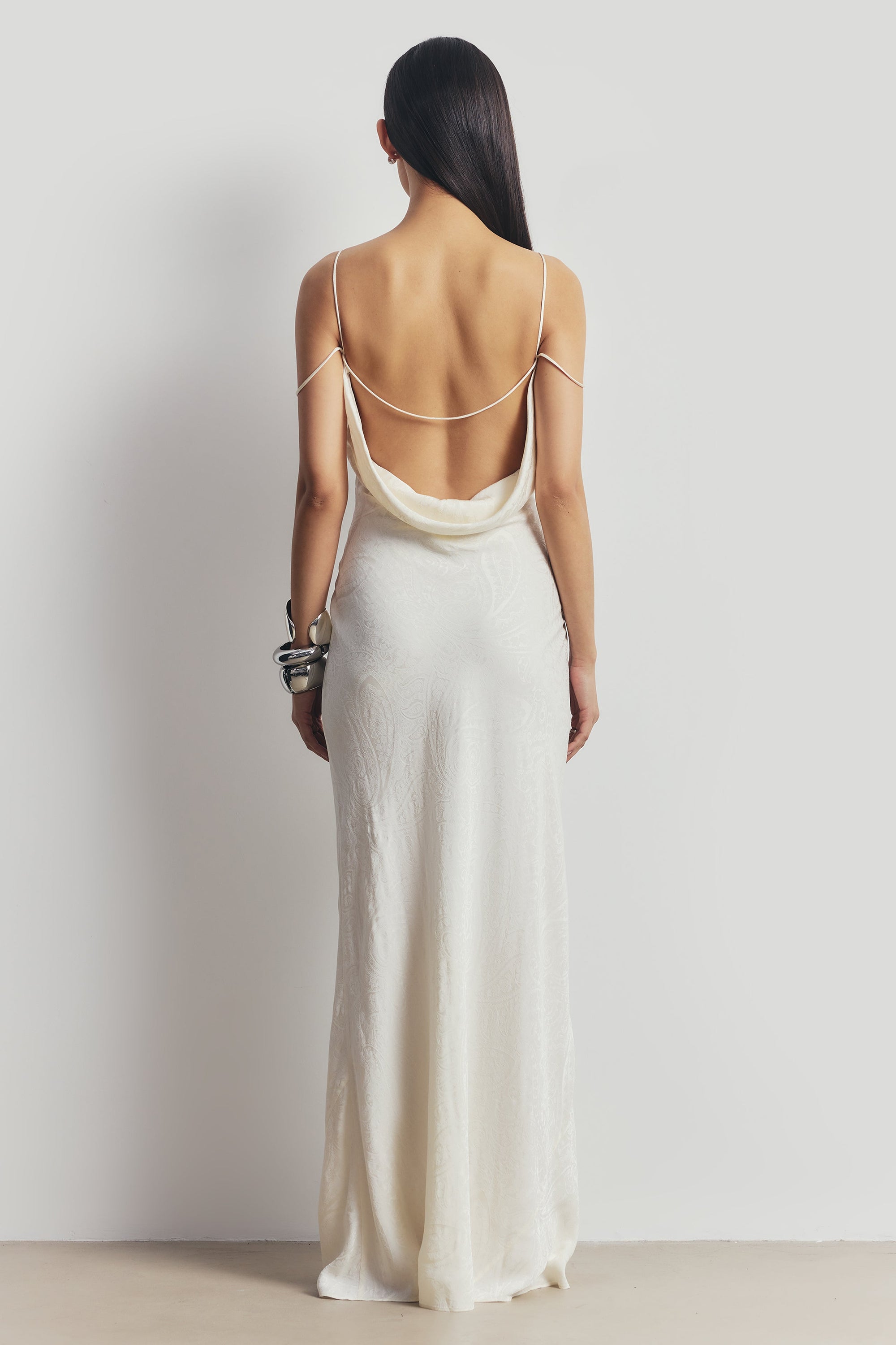 Satin Jacquard Cowl Back Camisole Maxi Dress - Cream