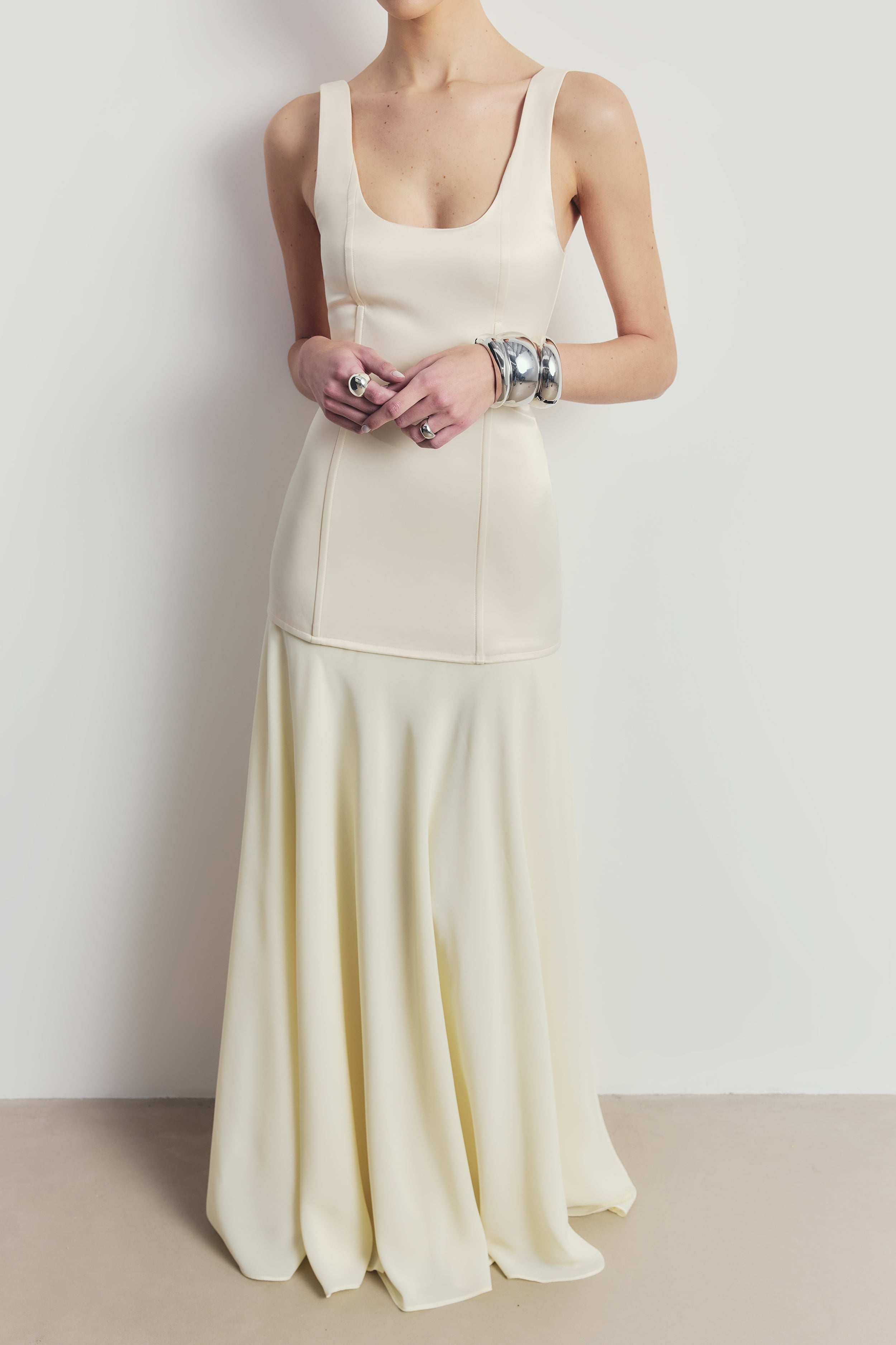 Satin Corset Gown with Chiffon Skirt - Buttermilk
