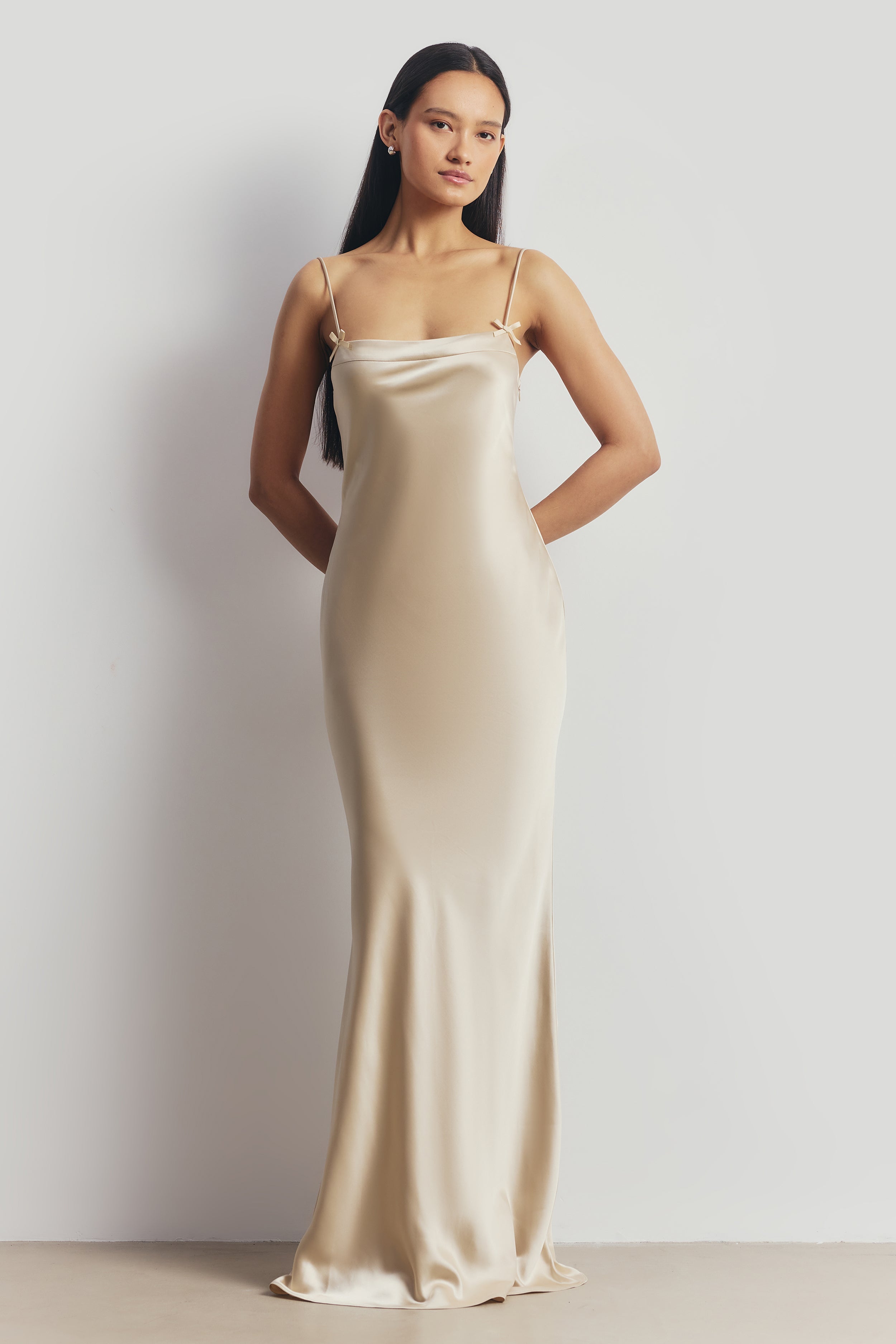 Satin 90's Slip Dress with Bow Detail - Champagne