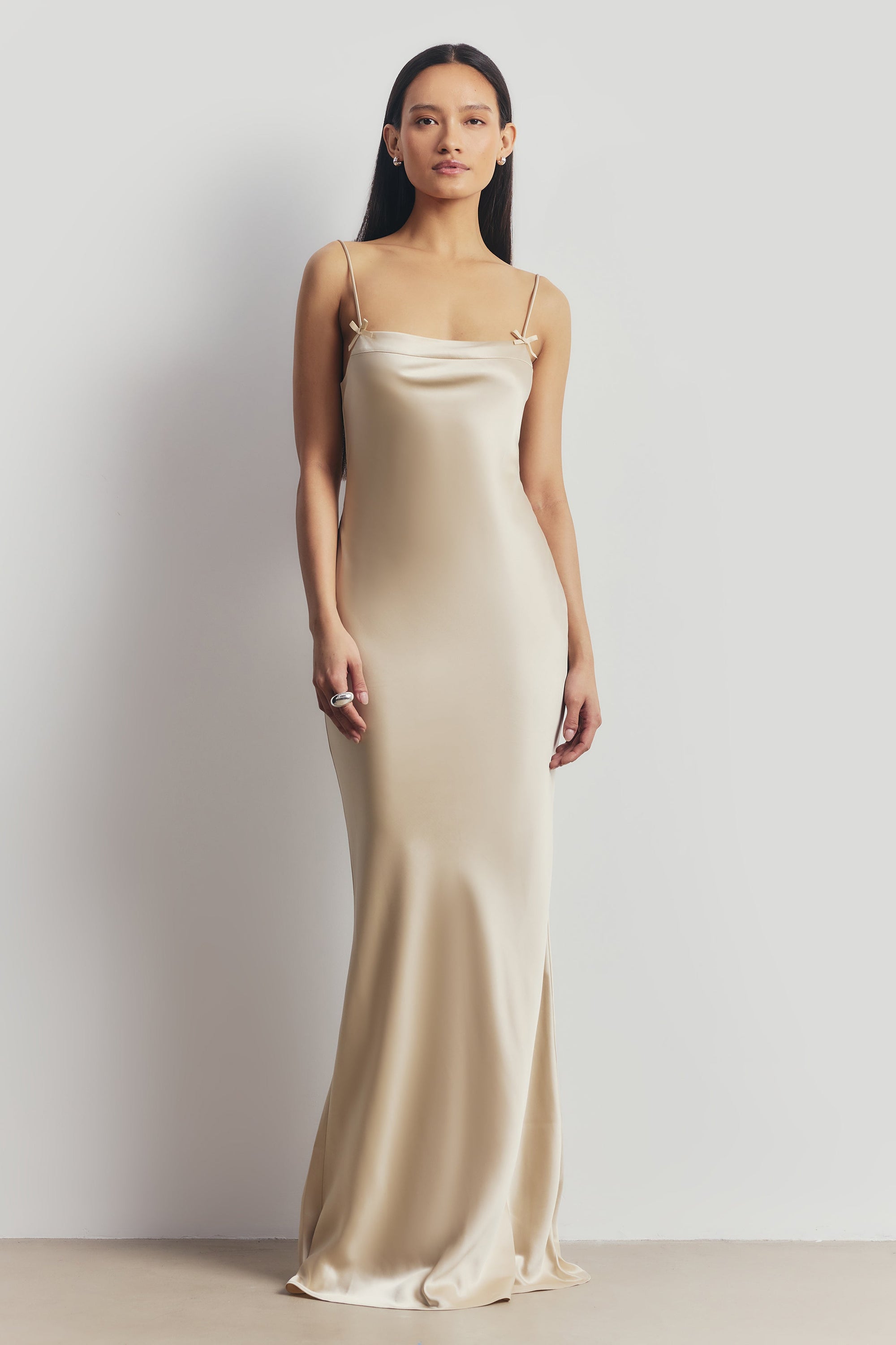 Satin 90's Slip Dress with Bow Detail - Champagne