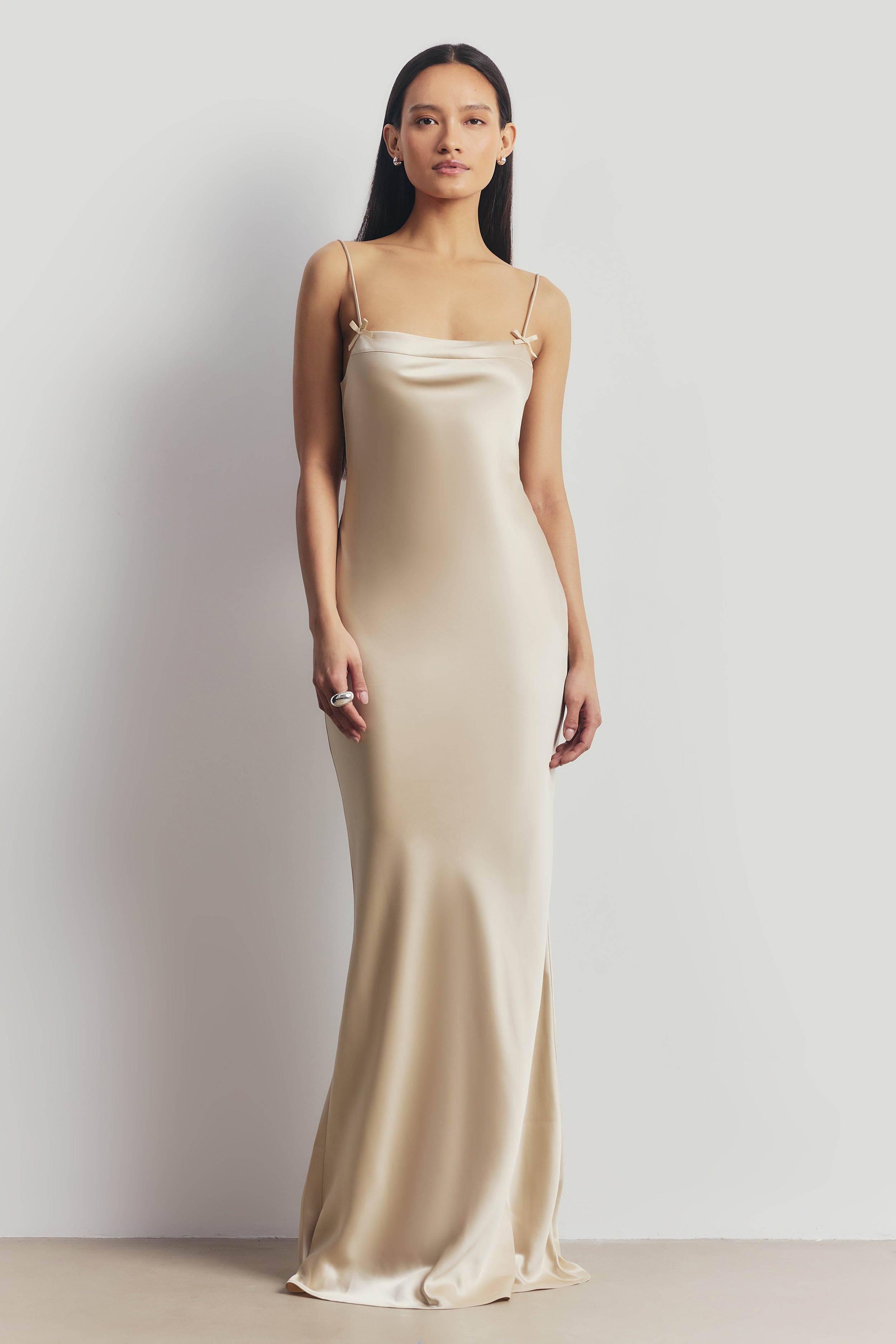 Satin 90's Slip Dress with Bow Detail - Champagne