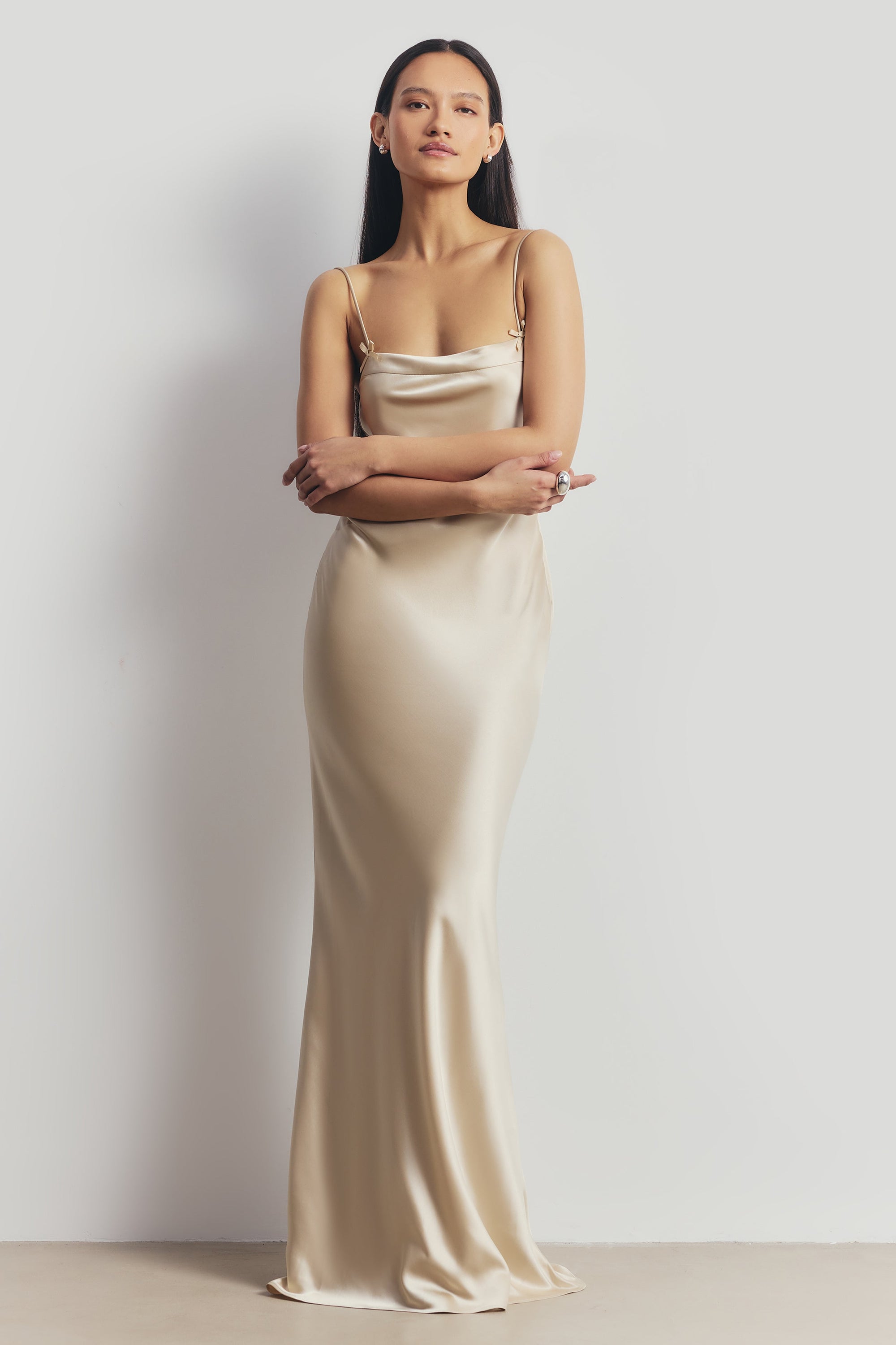 Satin 90's Slip Dress with Bow Detail - Champagne