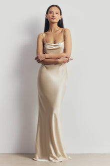 Satin 90's Slip Dress with Bow Detail - Champagne