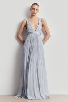 Pleated Chiffon Plunging V Neck Gown - Frost