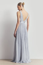 Pleated Chiffon Plunging V Neck Gown - Frost