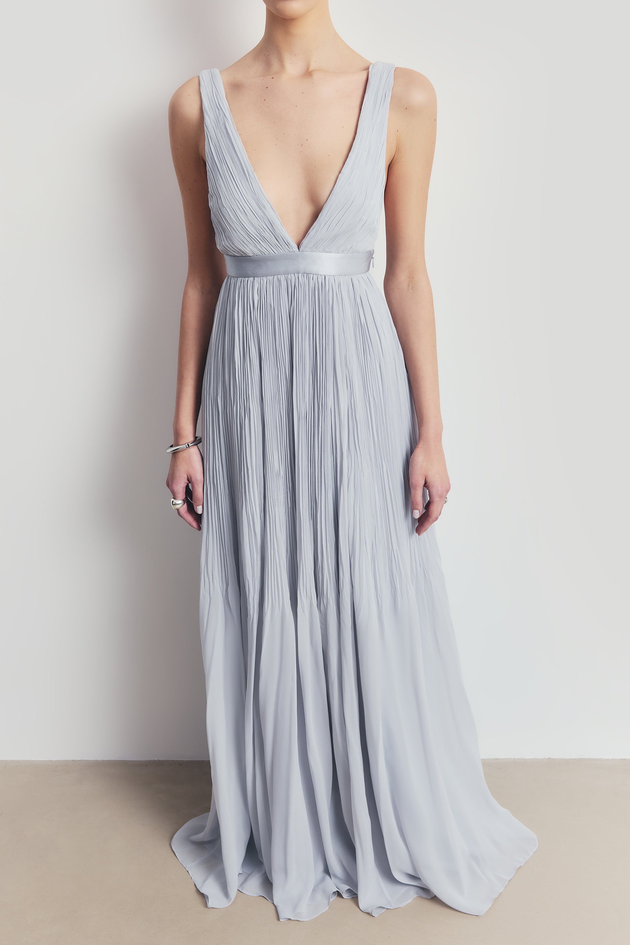 Pleated Chiffon Plunging V Neck Gown - Frost