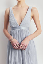 Pleated Chiffon Plunging V Neck Gown - Frost