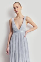Pleated Chiffon Plunging V Neck Gown - Frost